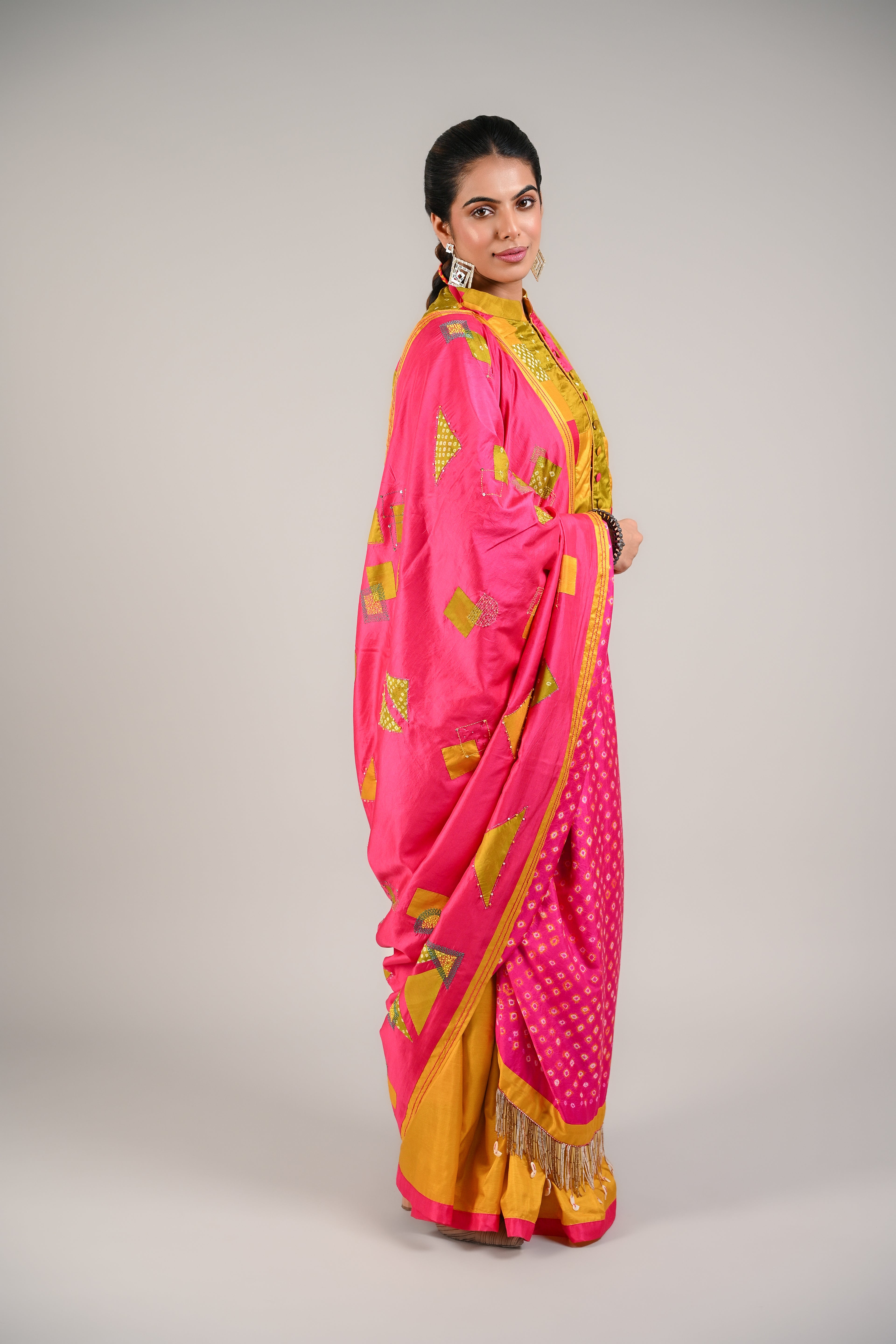 PINK - YELLOW WABI - SABI REVERSIBLE EMBROIDERED SAREE