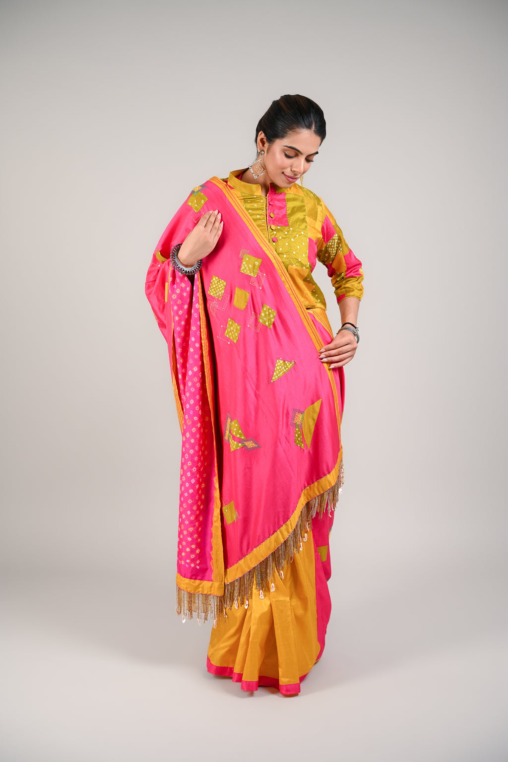 PINK - YELLOW WABI - SABI REVERSIBLE EMBROIDERED SAREE