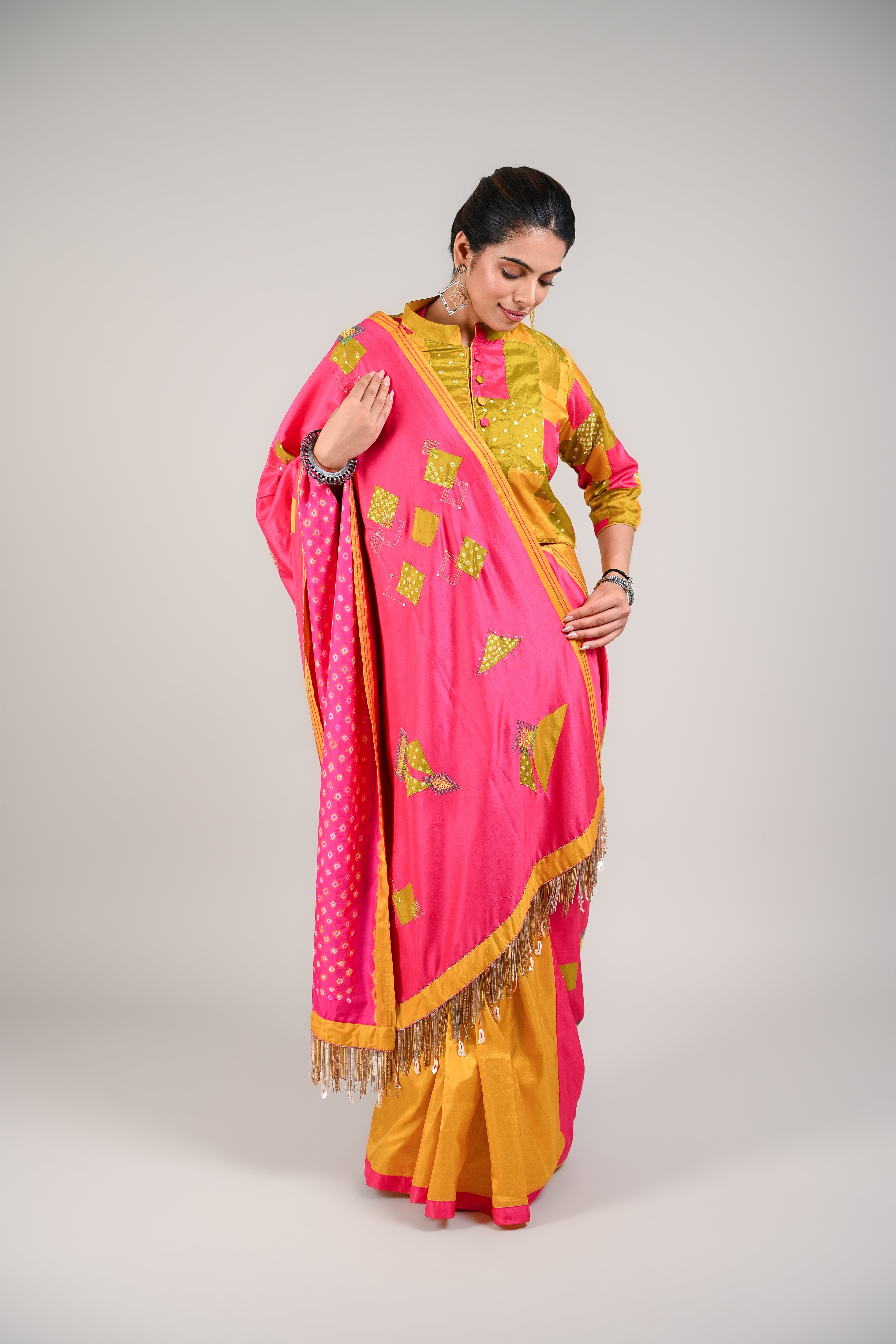 PINK - YELLOW WABI - SABI REVERSIBLE EMBROIDERED SAREE