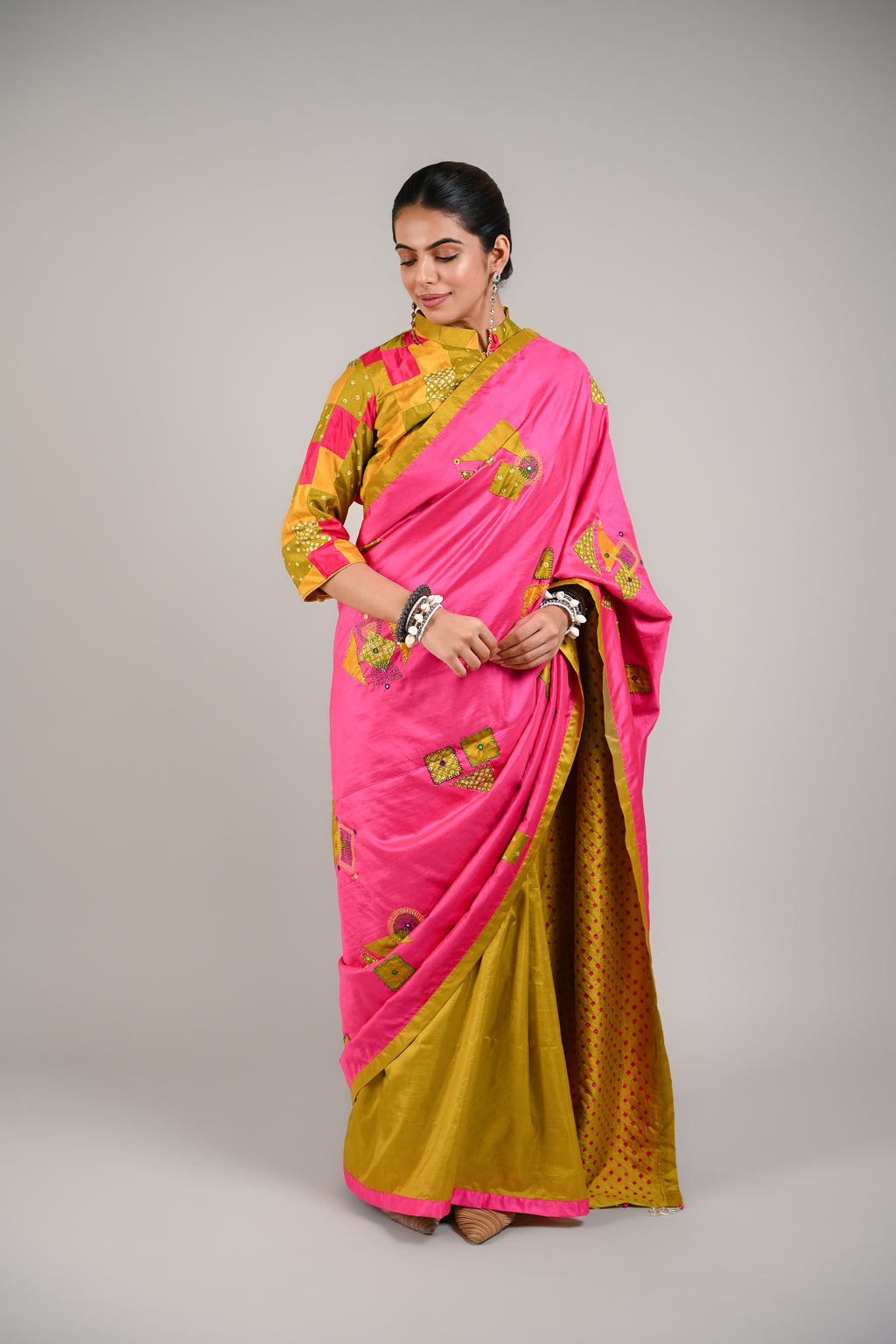 PINK - MUSTARD YELLOW WABI SABI REVERSIBLE EMBROIDERED SAREE