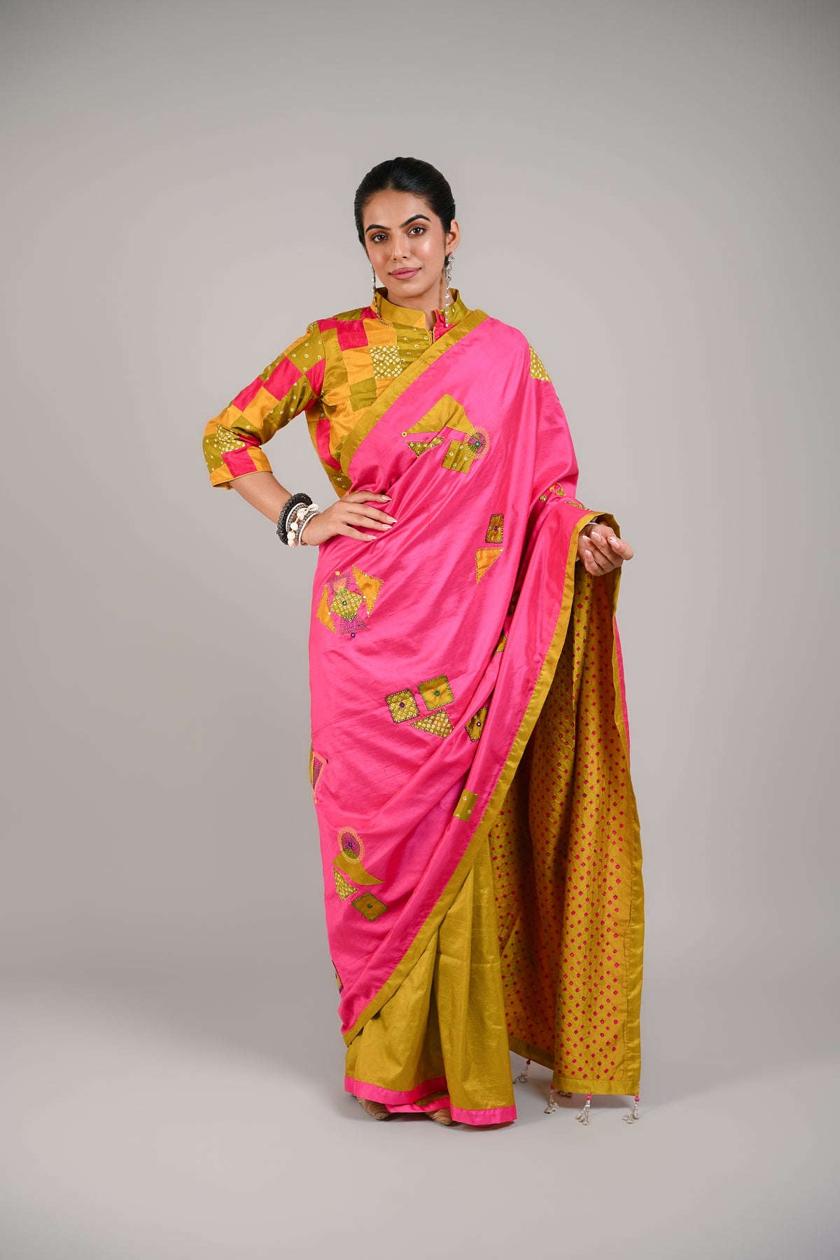 PINK - MUSTARD YELLOW WABI SABI REVERSIBLE EMBROIDERED SAREE