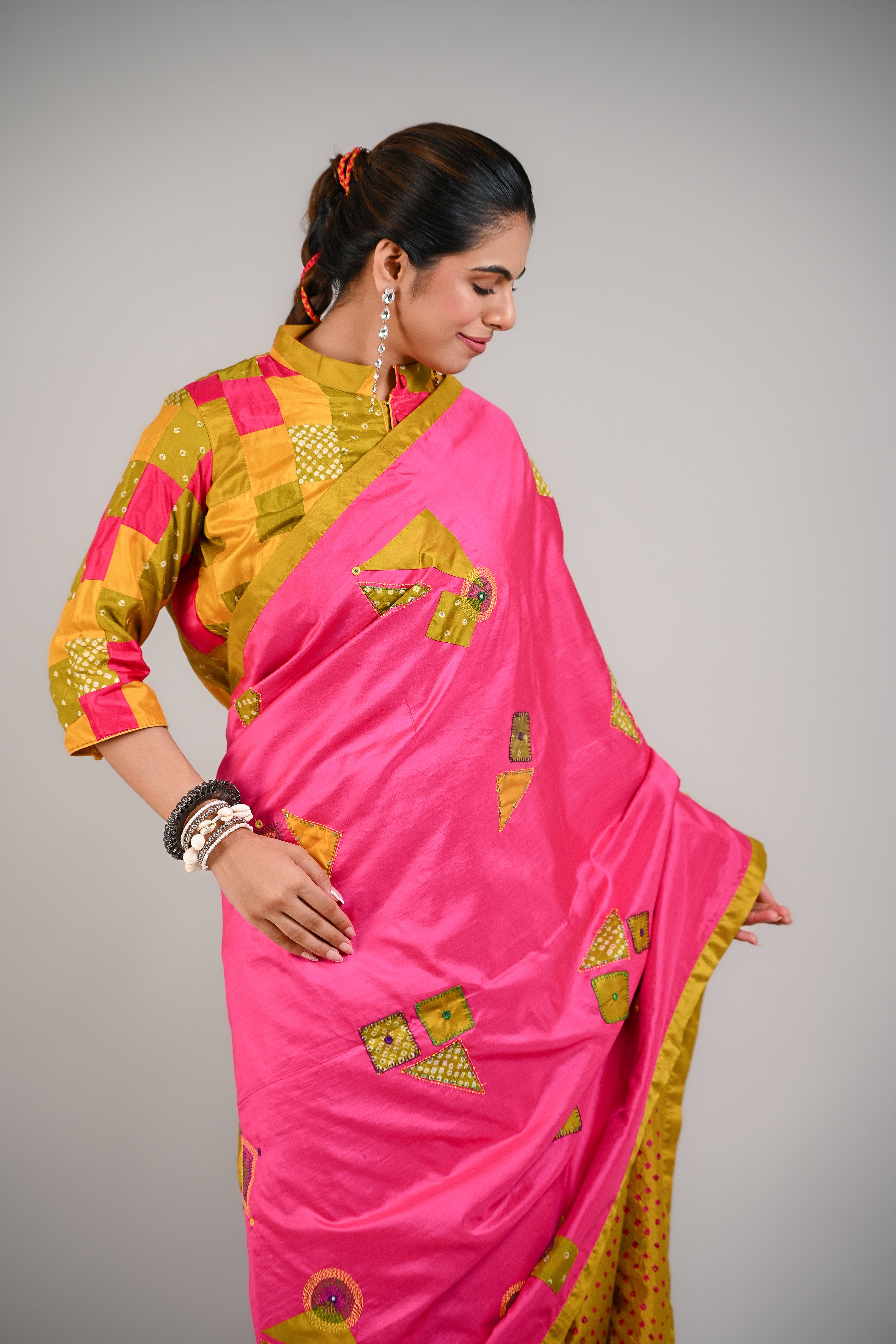 PINK - MUSTARD YELLOW WABI SABI REVERSIBLE EMBROIDERED SAREE