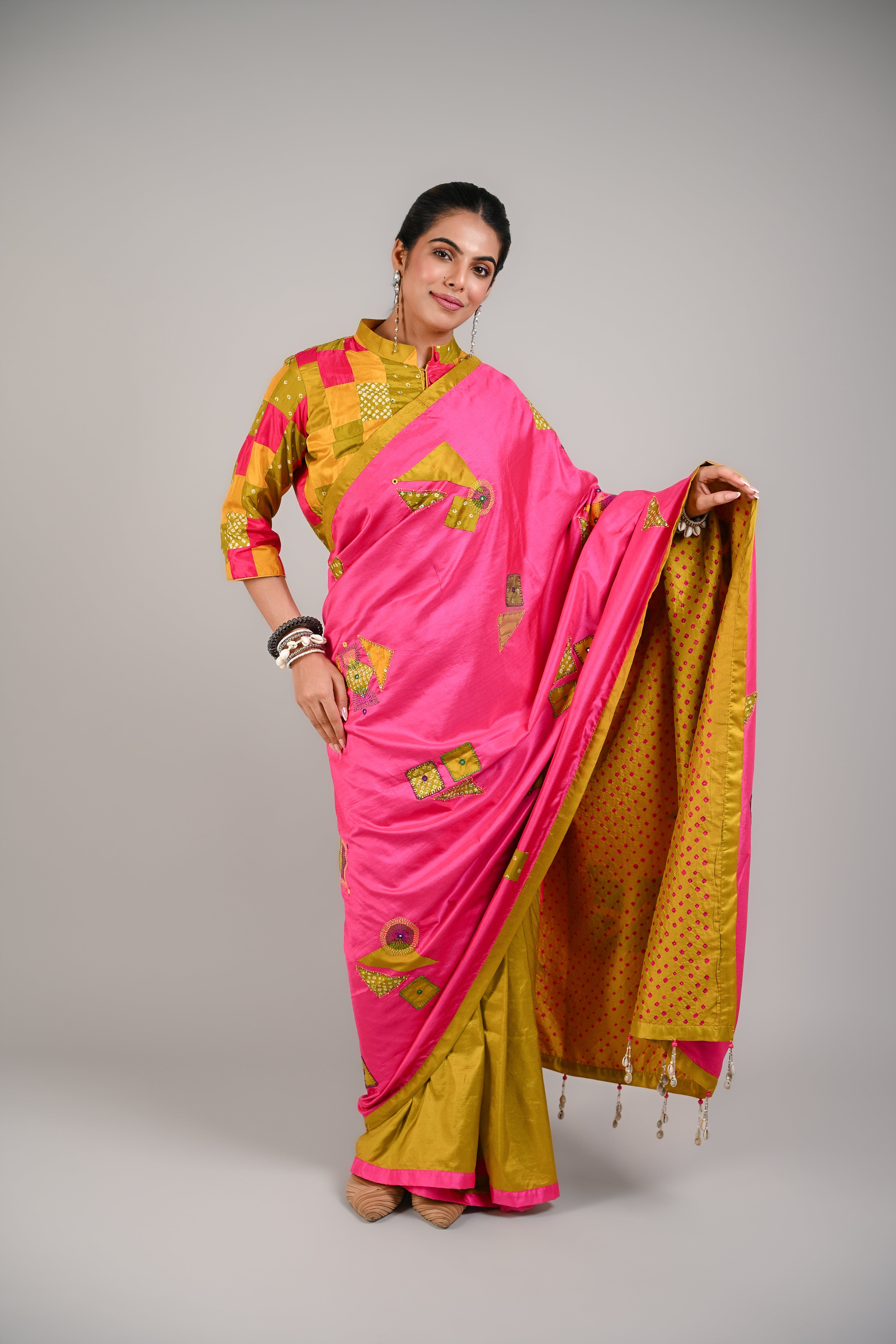 PINK - MUSTARD YELLOW WABI SABI REVERSIBLE EMBROIDERED SAREE