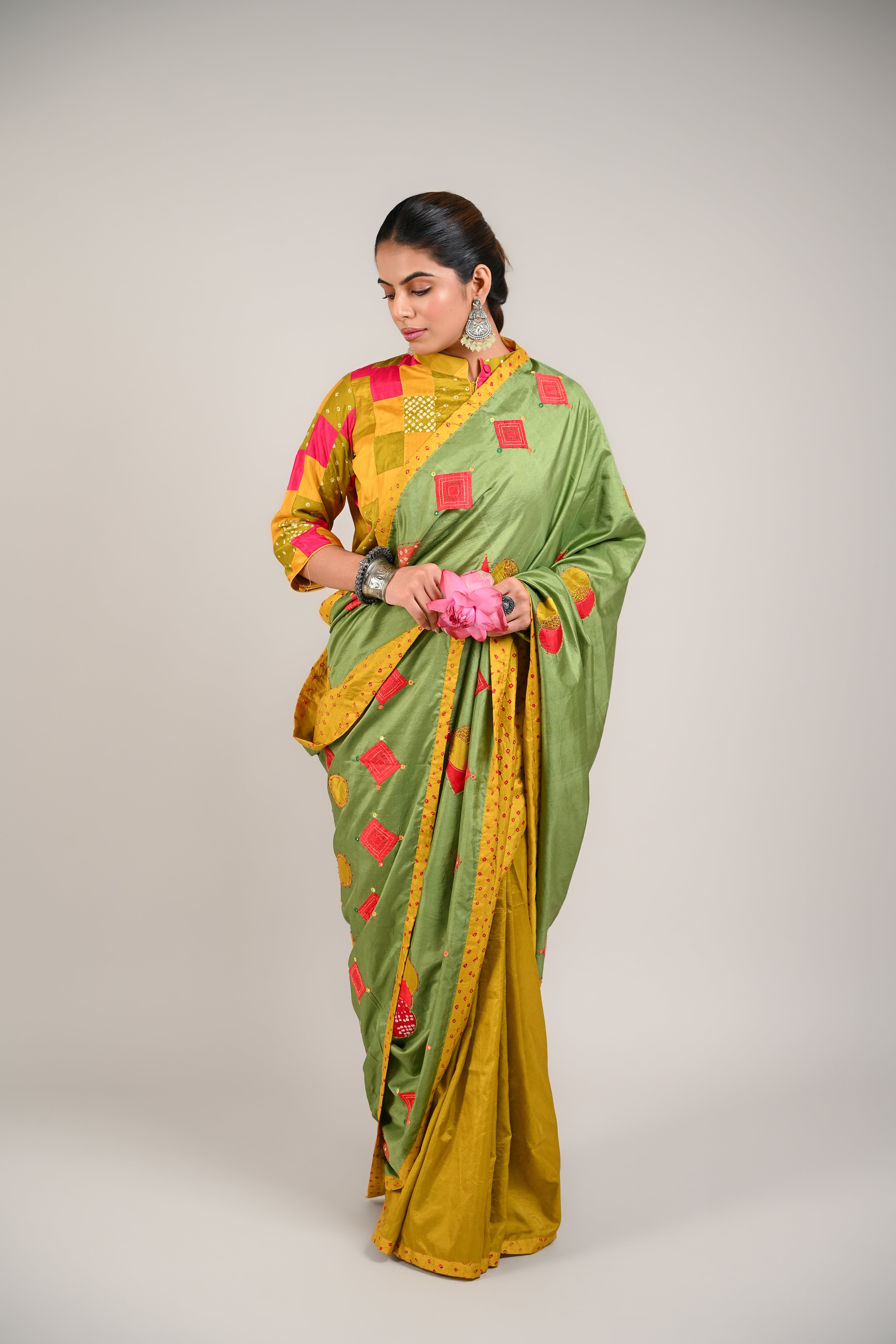 LIGHT GREEN - YELLOW WABI - SABI REVERSIBLE EMBROIDERED SAREE