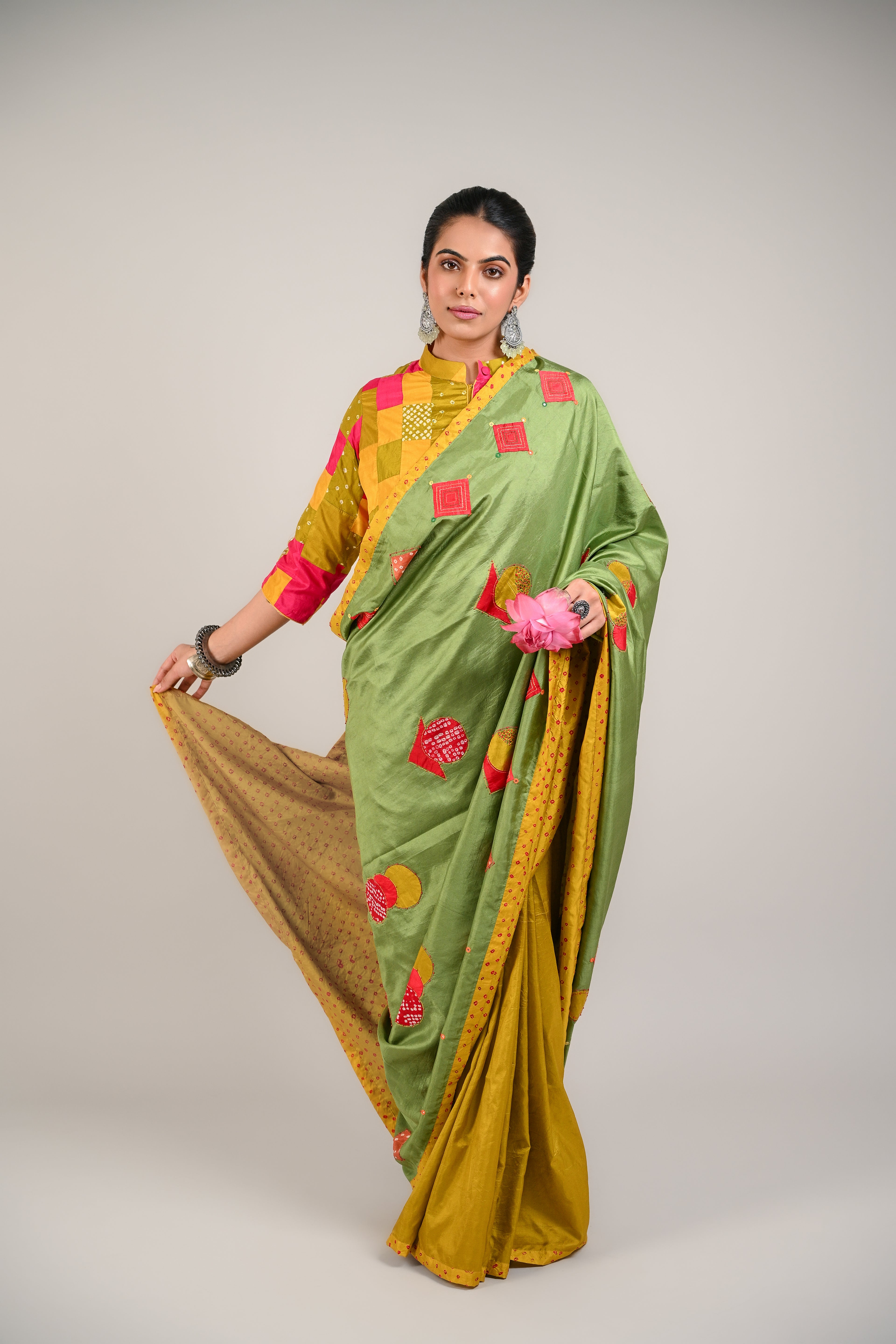 LIGHT GREEN - YELLOW WABI - SABI REVERSIBLE EMBROIDERED SAREE