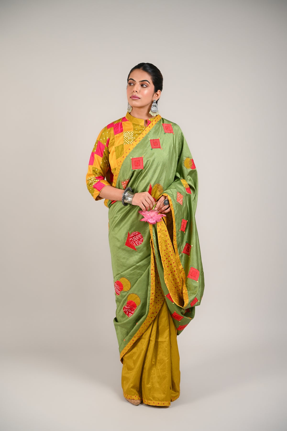 LIGHT GREEN - YELLOW WABI - SABI REVERSIBLE EMBROIDERED SAREE