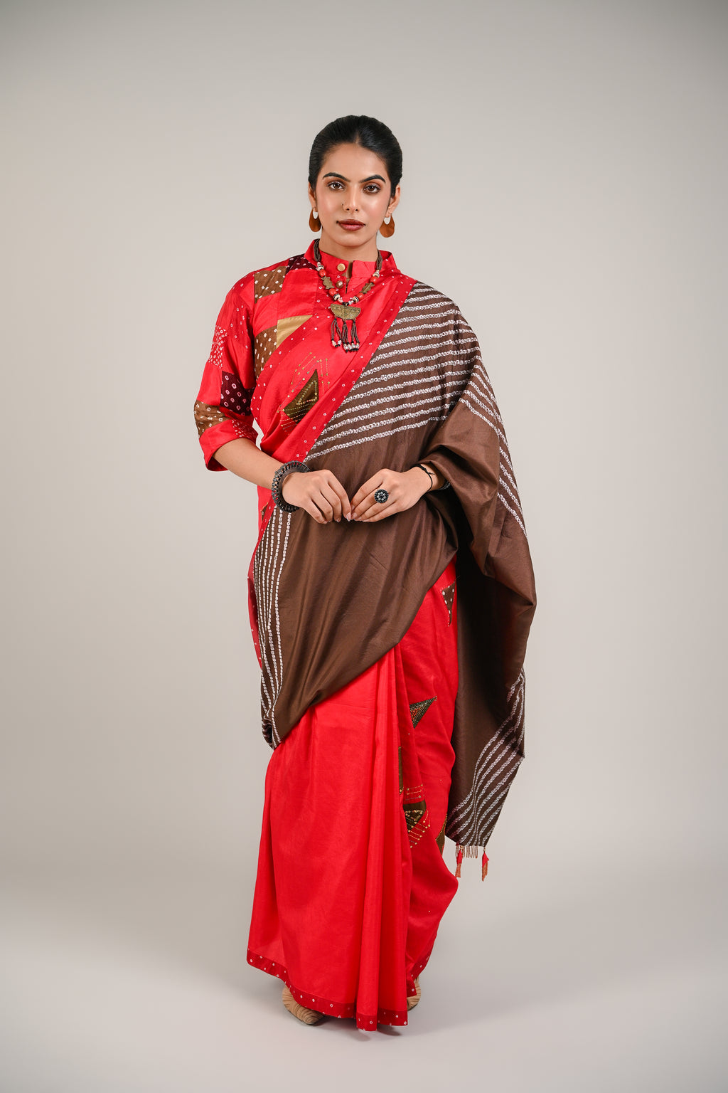 RED - BROWN WABI - SABI REVERSIBLE EMBROIDERED SAREE