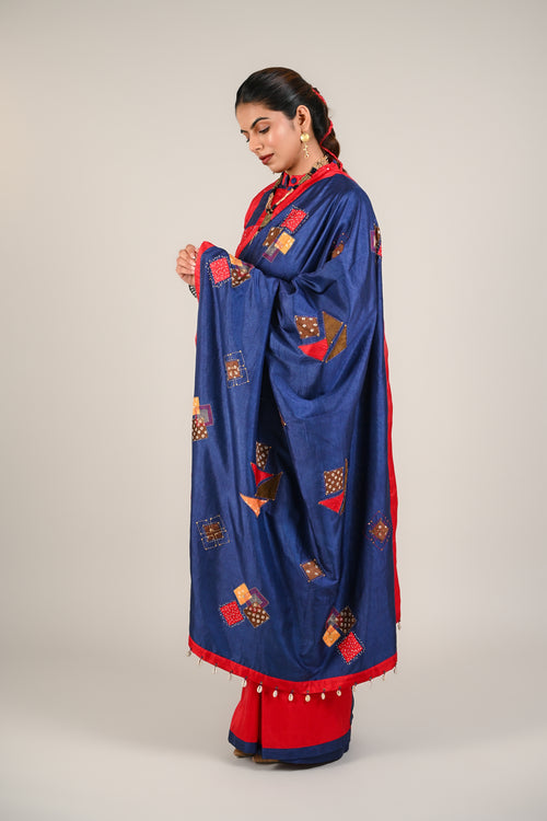 BLUE - RED WABI - SABI REVERSIBLE EMBROIDERED SAREE