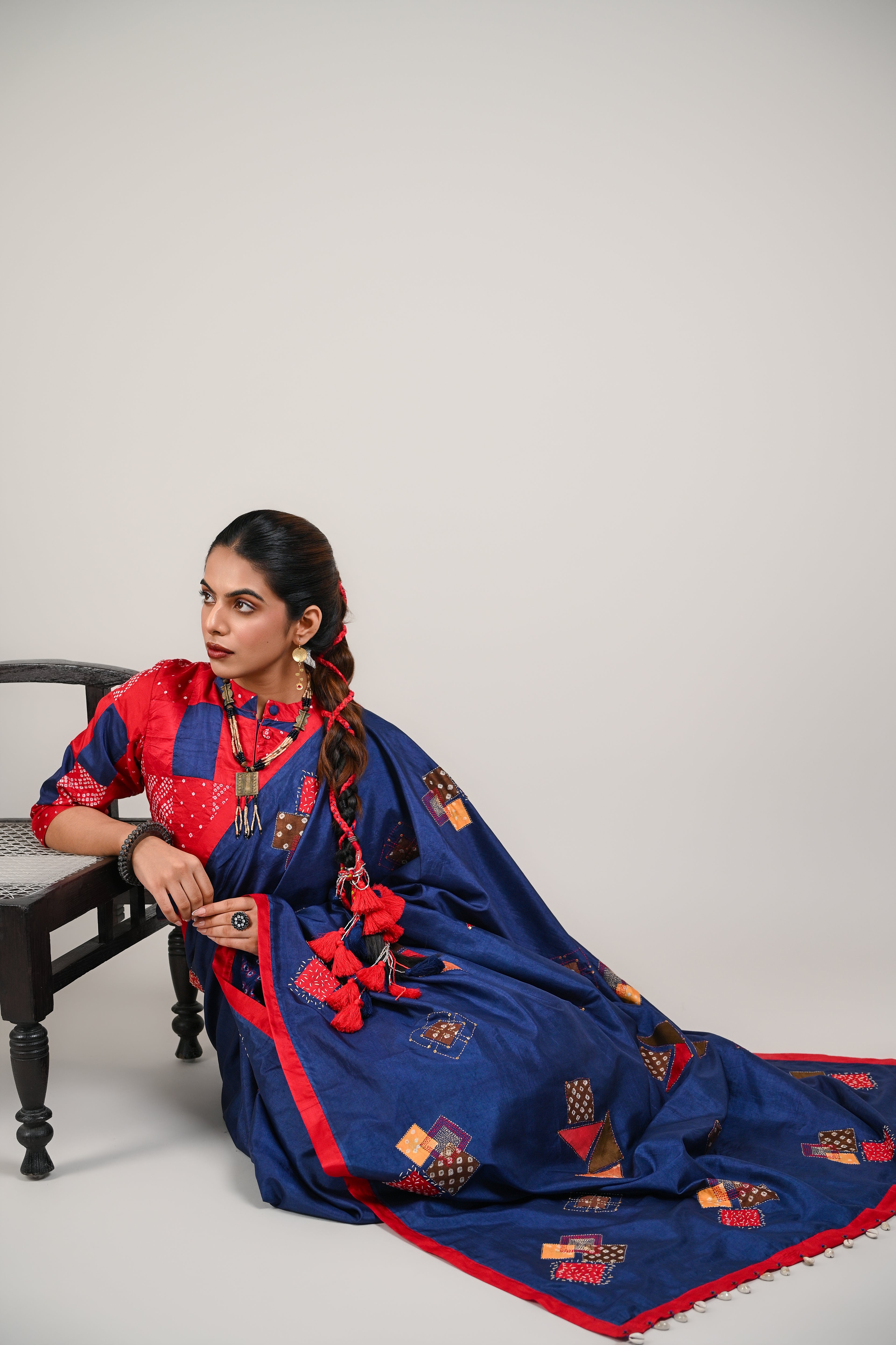 BLUE - RED WABI - SABI REVERSIBLE EMBROIDERED SAREE