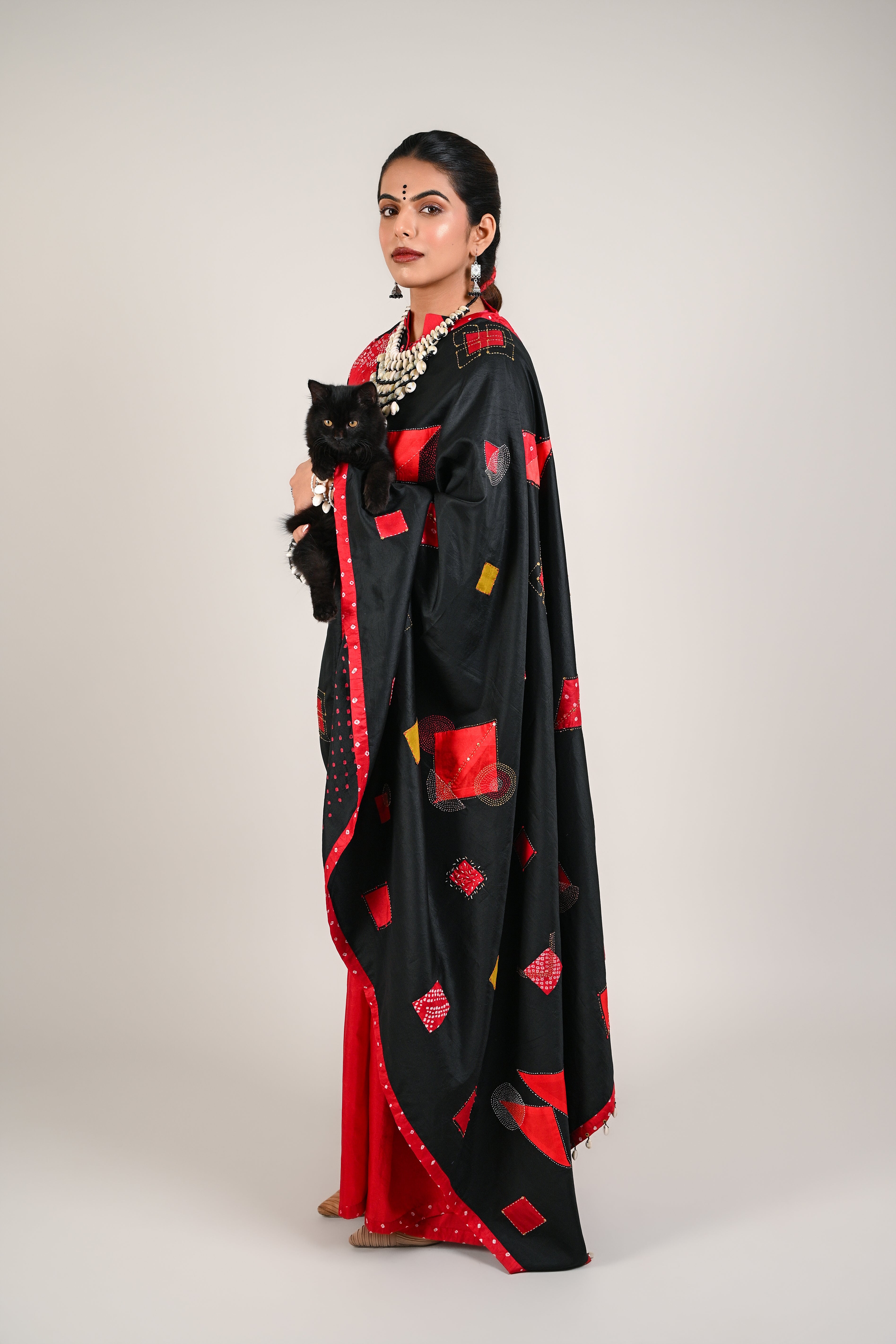 RED- BLACK WABI - SABI REVERSIBLE EMBROIDERED SAREE