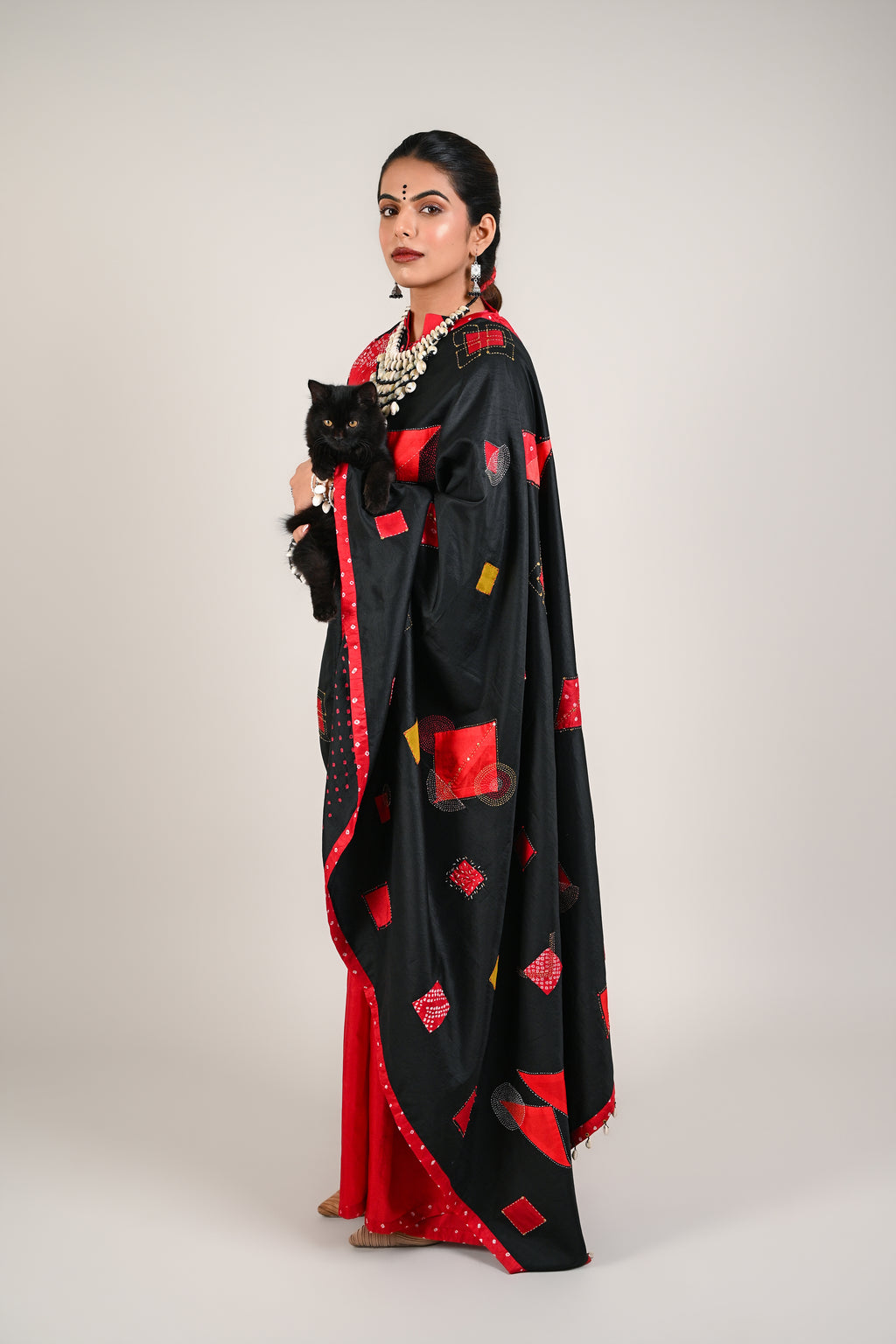 BLACK - RED WABI - SABI EMBROIDERED SAREE WITH TASSELS