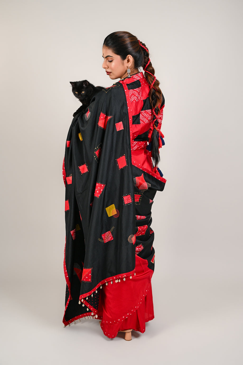 RED- BLACK WABI - SABI REVERSIBLE EMBROIDERED SAREE