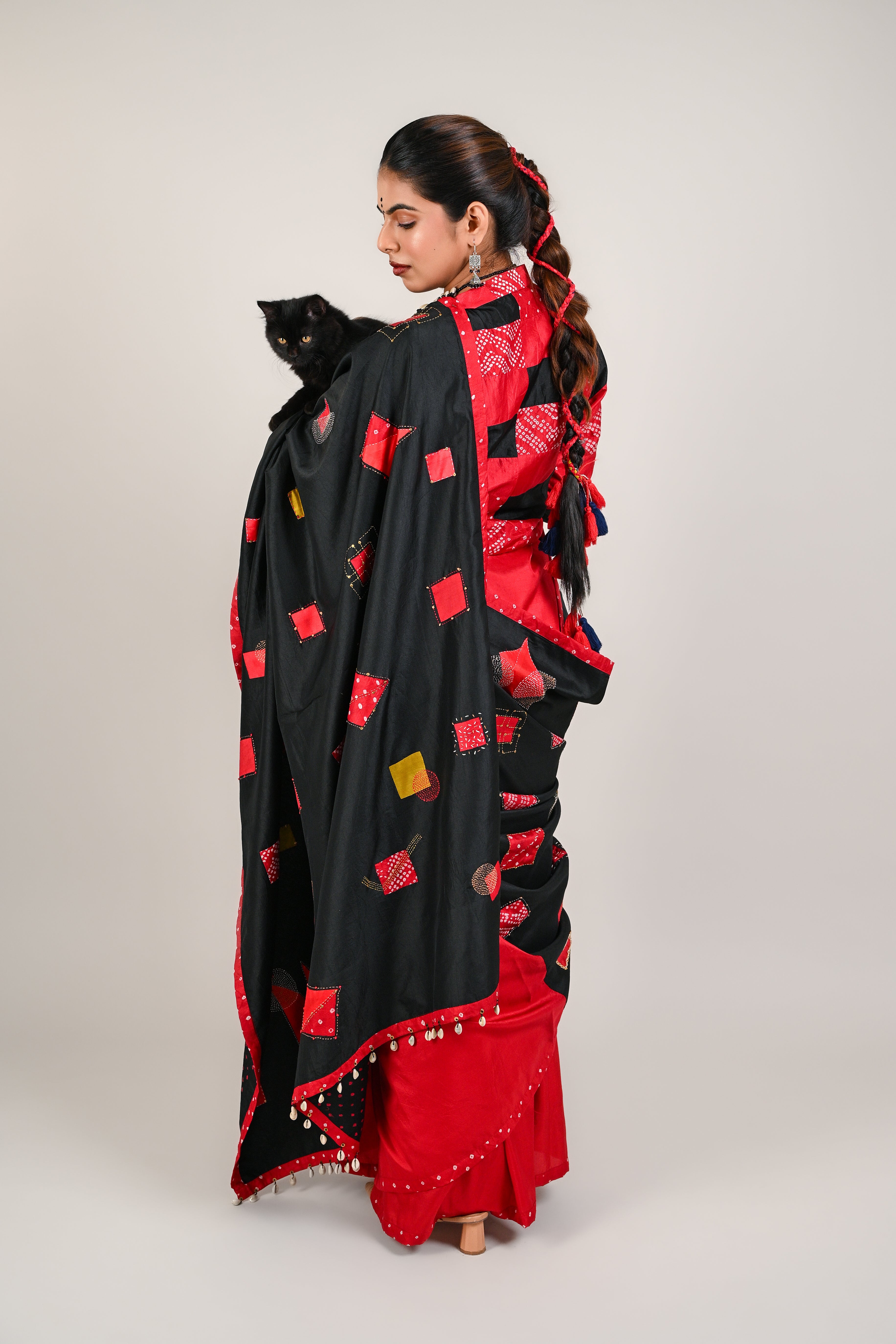 RED- BLACK WABI - SABI REVERSIBLE EMBROIDERED SAREE
