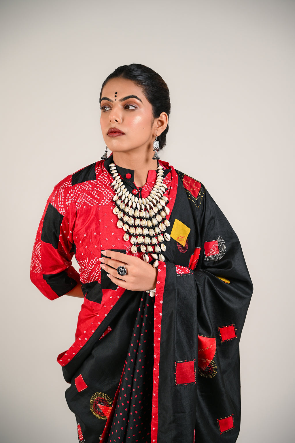 BLACK - RED WABI - SABI EMBROIDERED SAREE WITH TASSELS