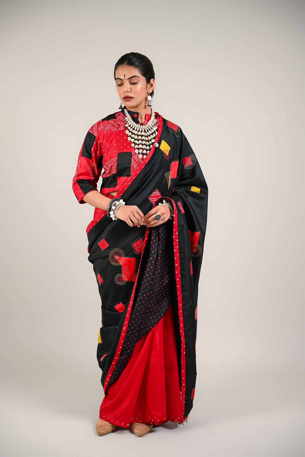 BLACK - RED WABI - SABI EMBROIDERED SAREE WITH TASSELS
