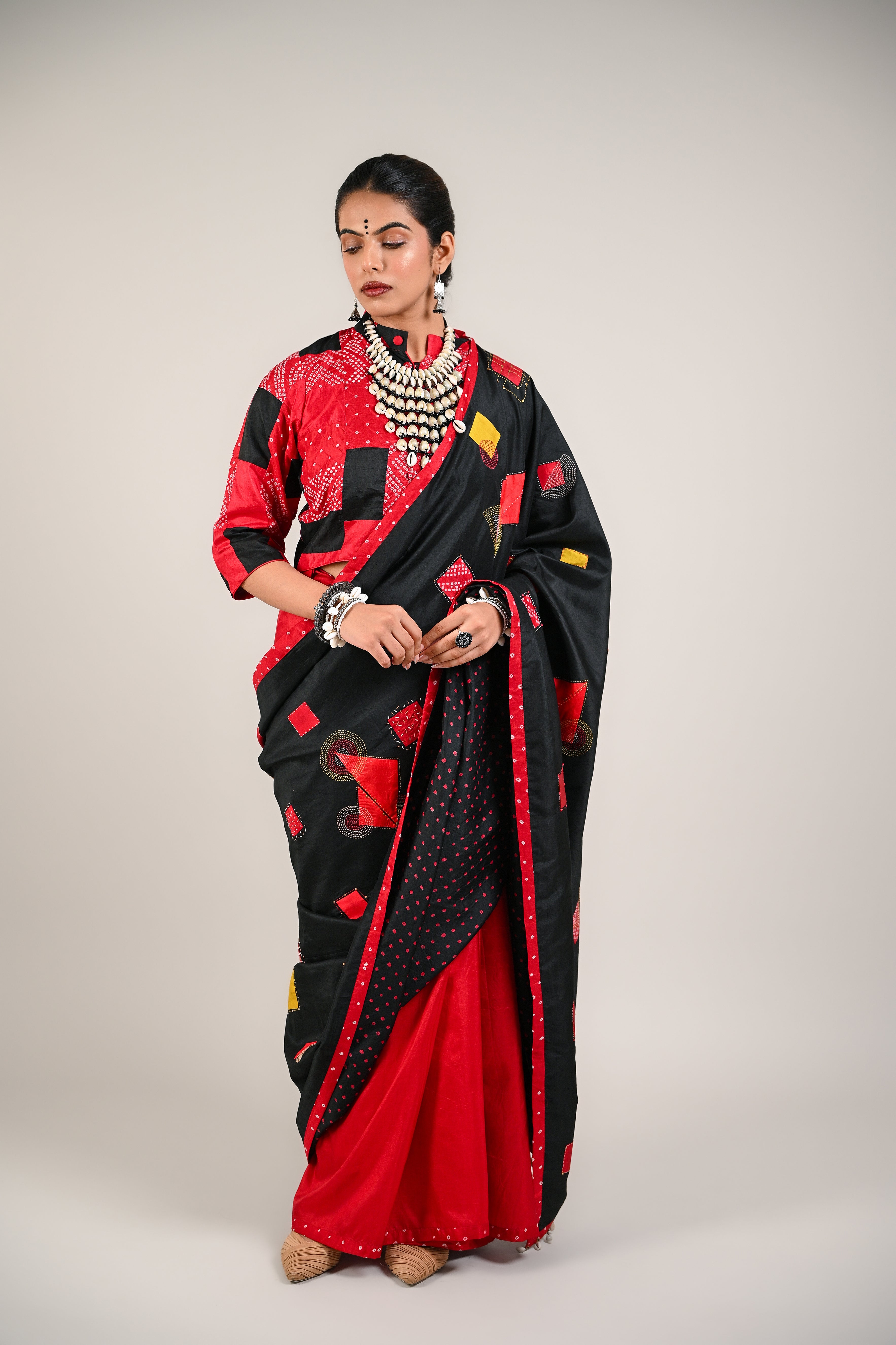 BLACK - RED WABI - SABI EMBROIDERED SAREE WITH TASSELS