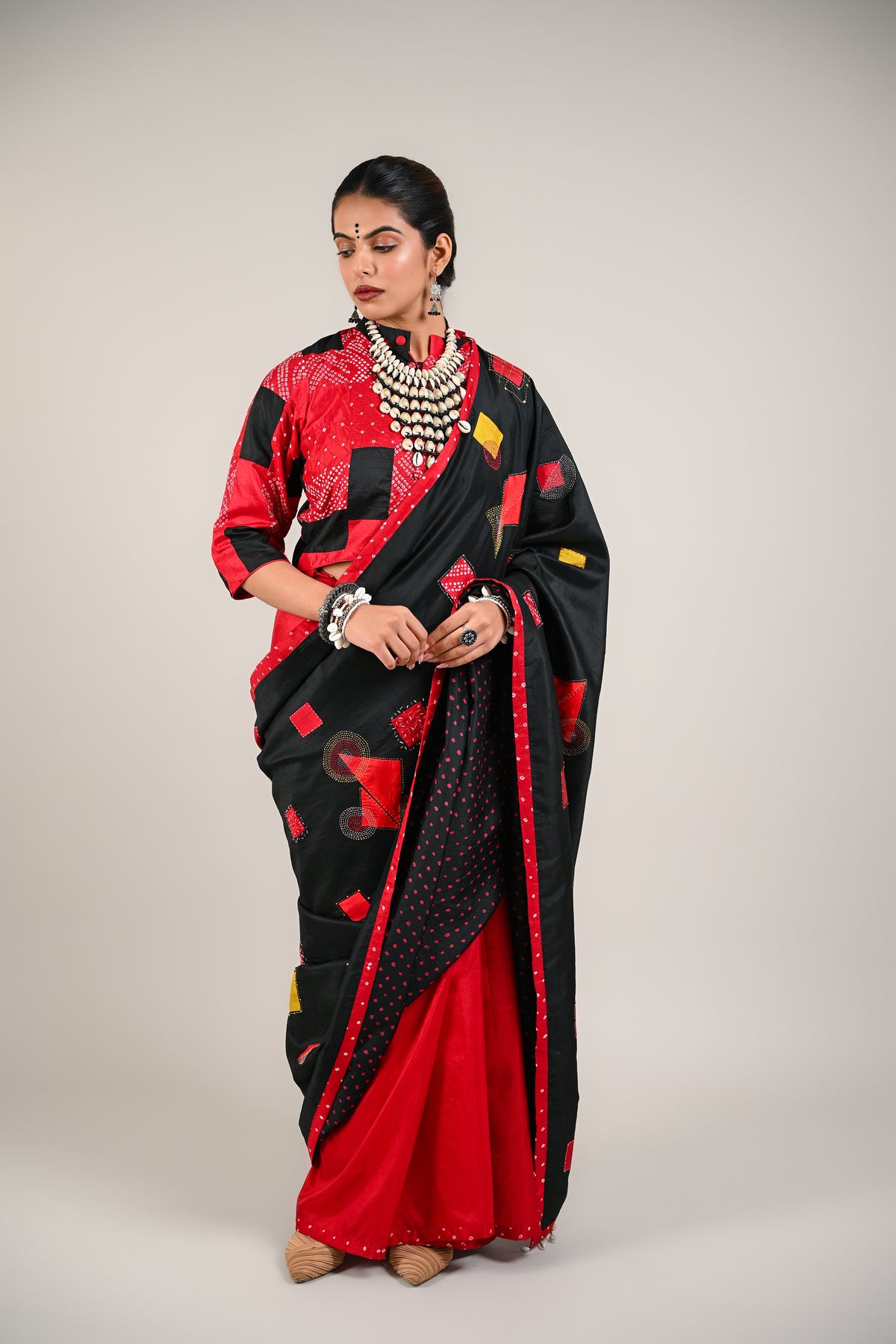 RED- BLACK WABI - SABI REVERSIBLE EMBROIDERED SAREE