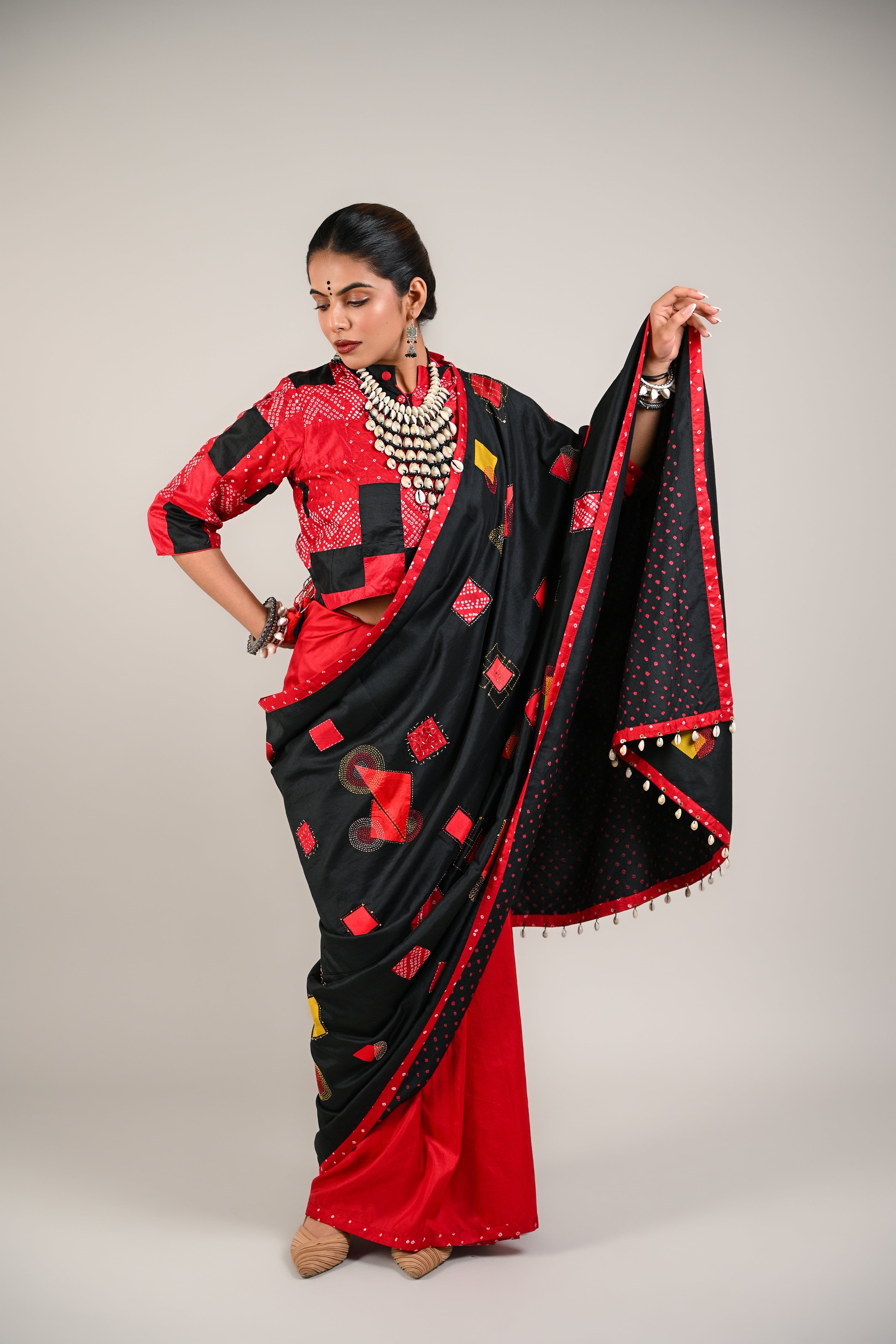 RED- BLACK WABI - SABI REVERSIBLE EMBROIDERED SAREE