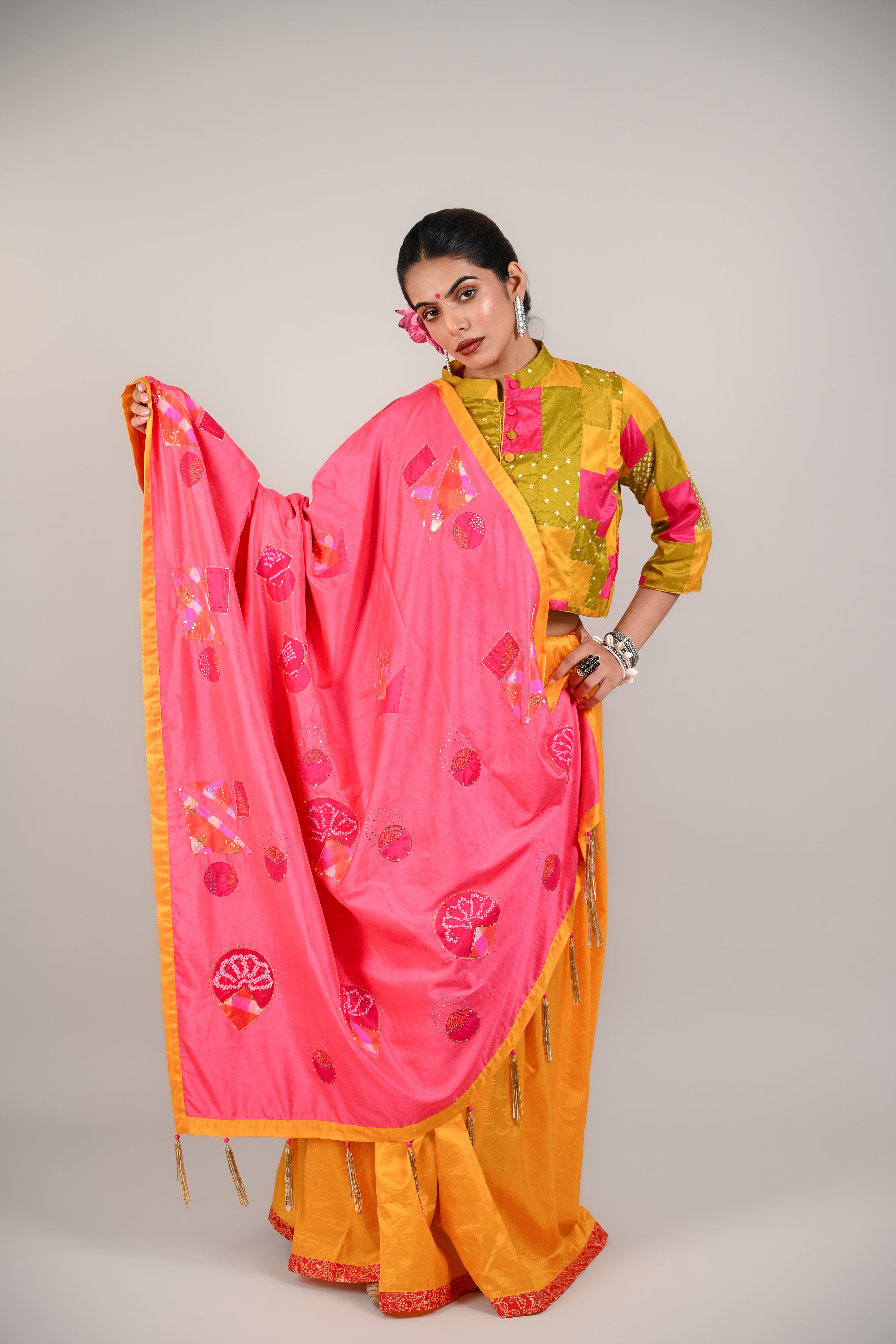 PINK - YELLOW WABI - SABI REVERSIBLE EMBROIDERED SAREE