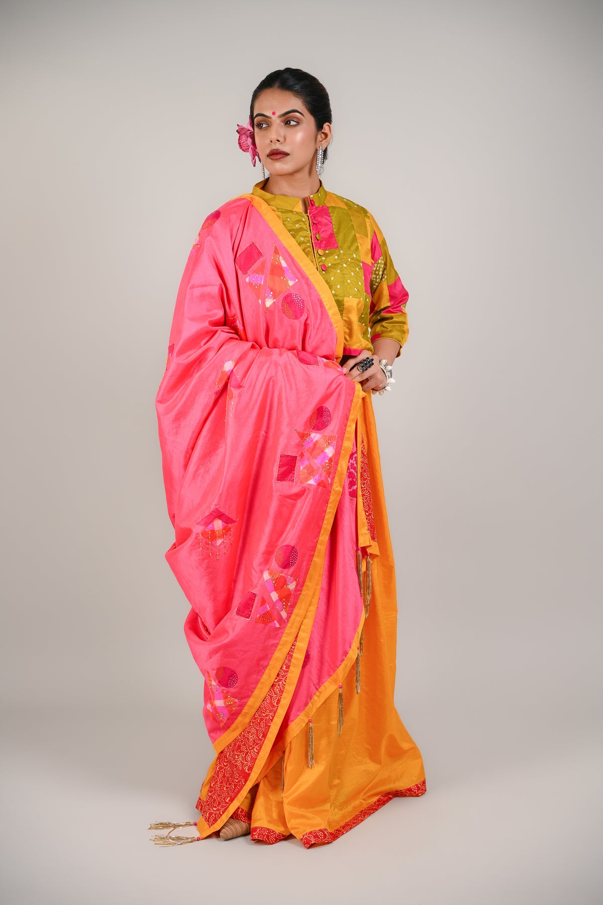 PINK - YELLOW WABI - SABI REVERSIBLE EMBROIDERED SAREE