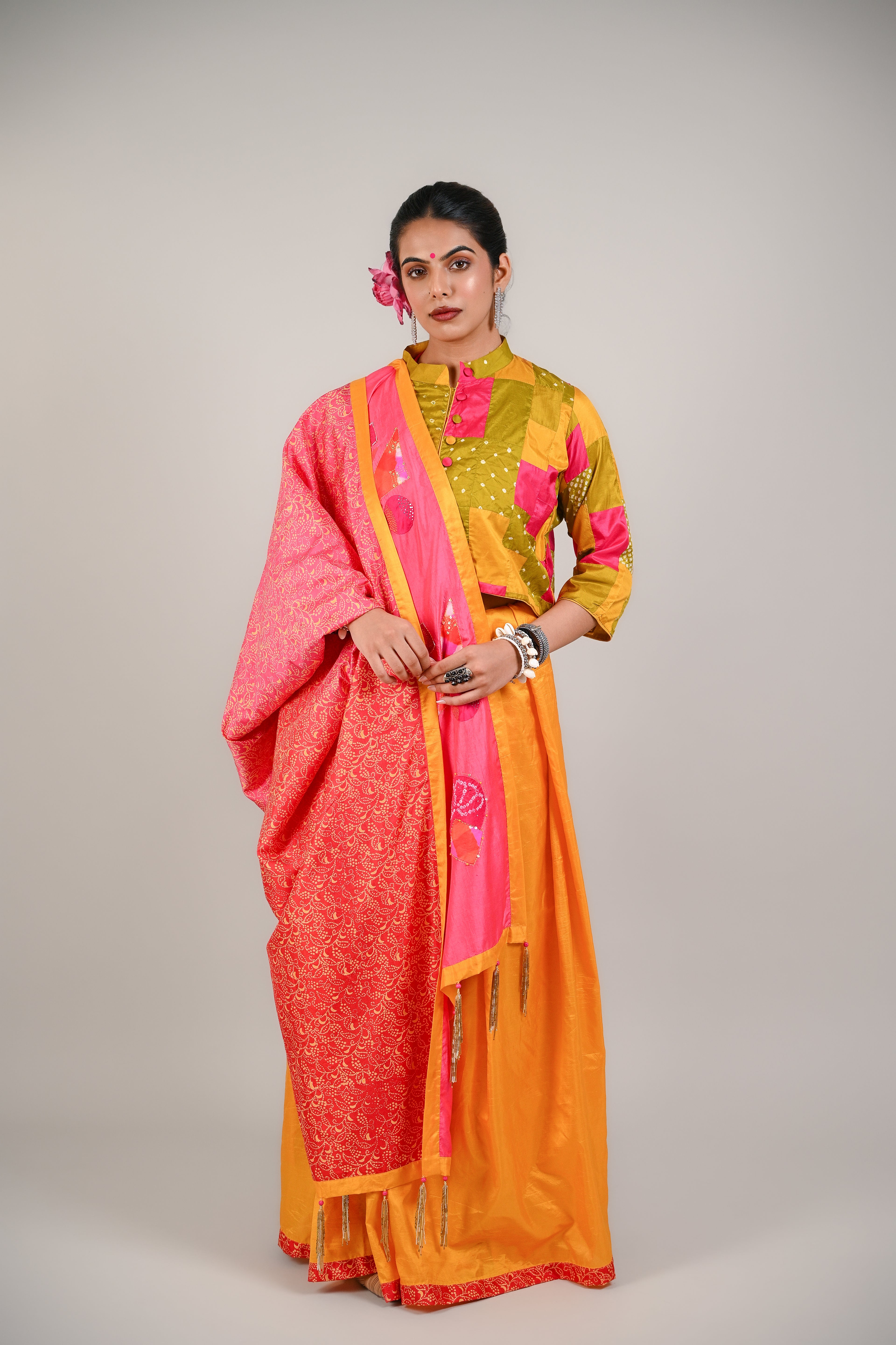 PINK - YELLOW WABI - SABI REVERSIBLE EMBROIDERED SAREE