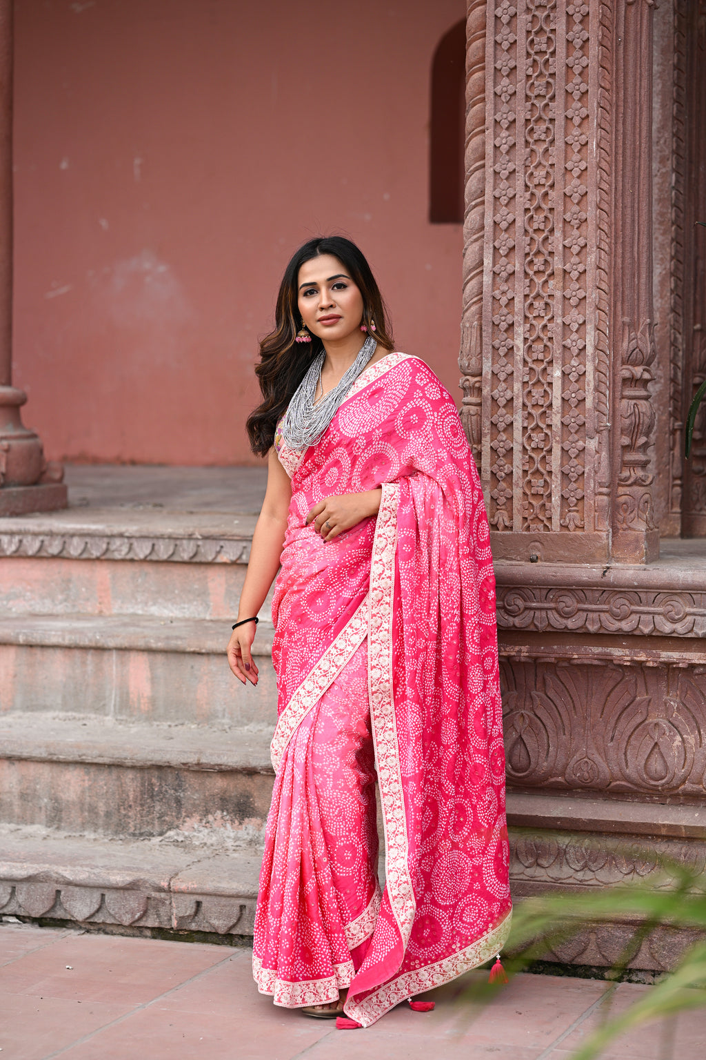 PINK CIRCLES OF THE LIFE BANDHANI SILK SAREE WITH MIRROR WORK AND LACE