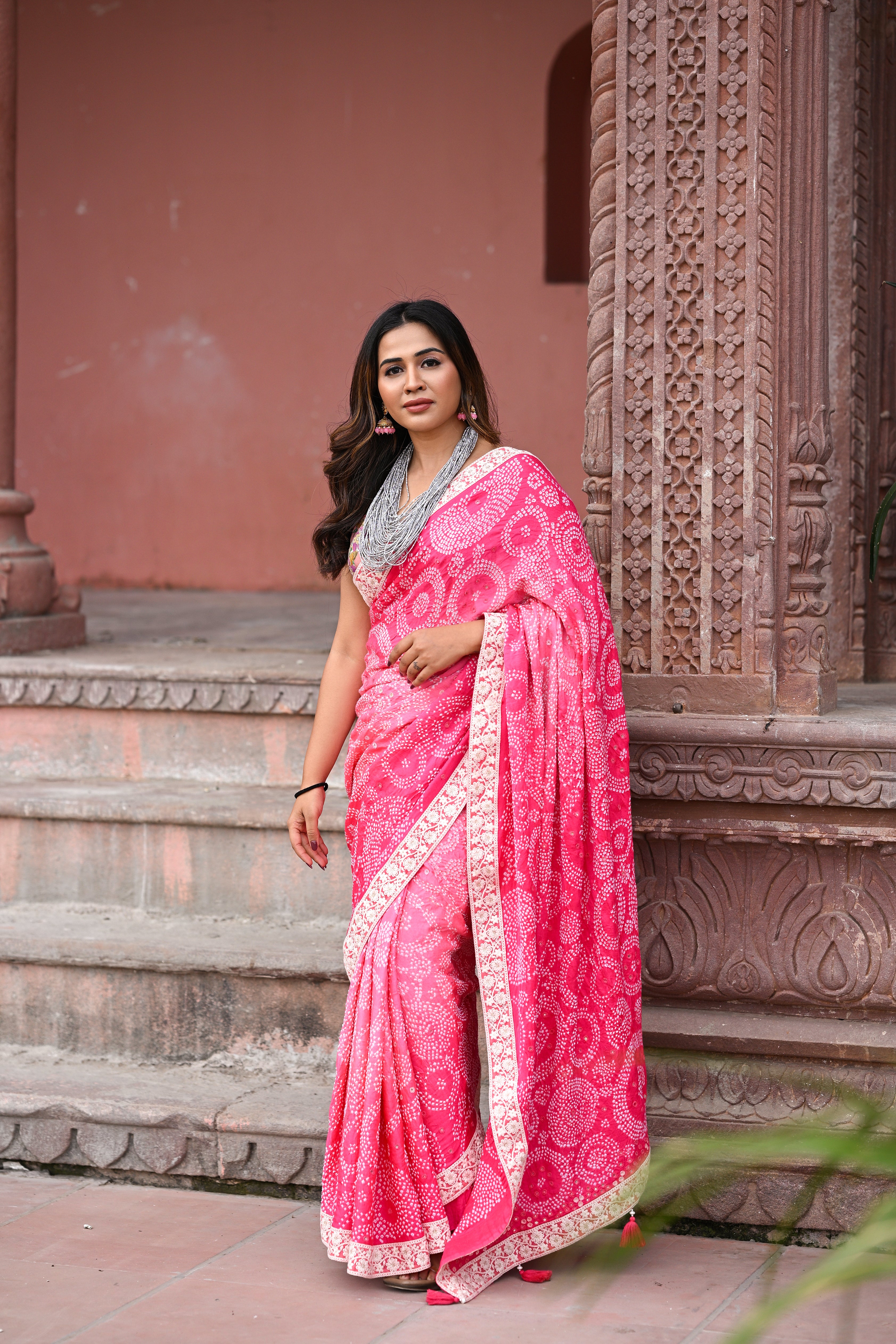 PINK CIRCLES OF THE LIFE BANDHANI SILK SAREE WITH MIRROR WORK AND LACE
