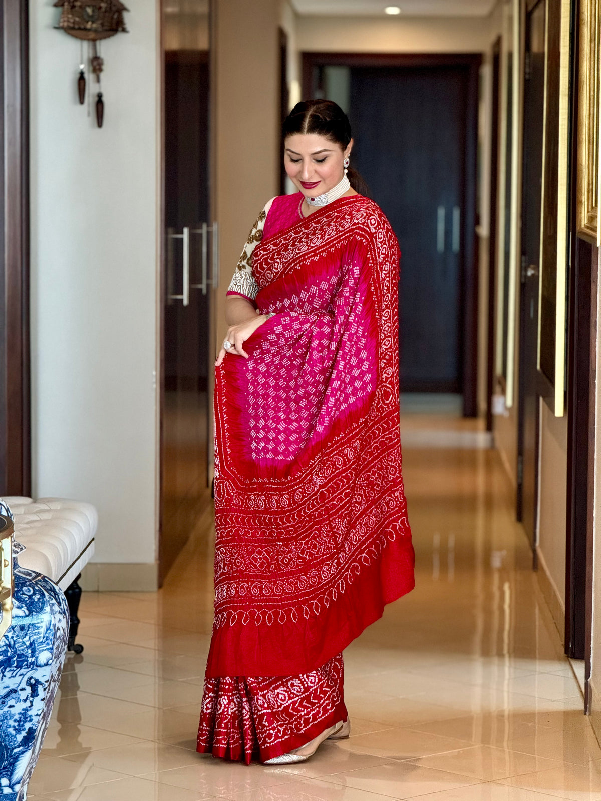 CLASSIC TRADITIONAL BANDHANI SILK SAREE RED-PINK