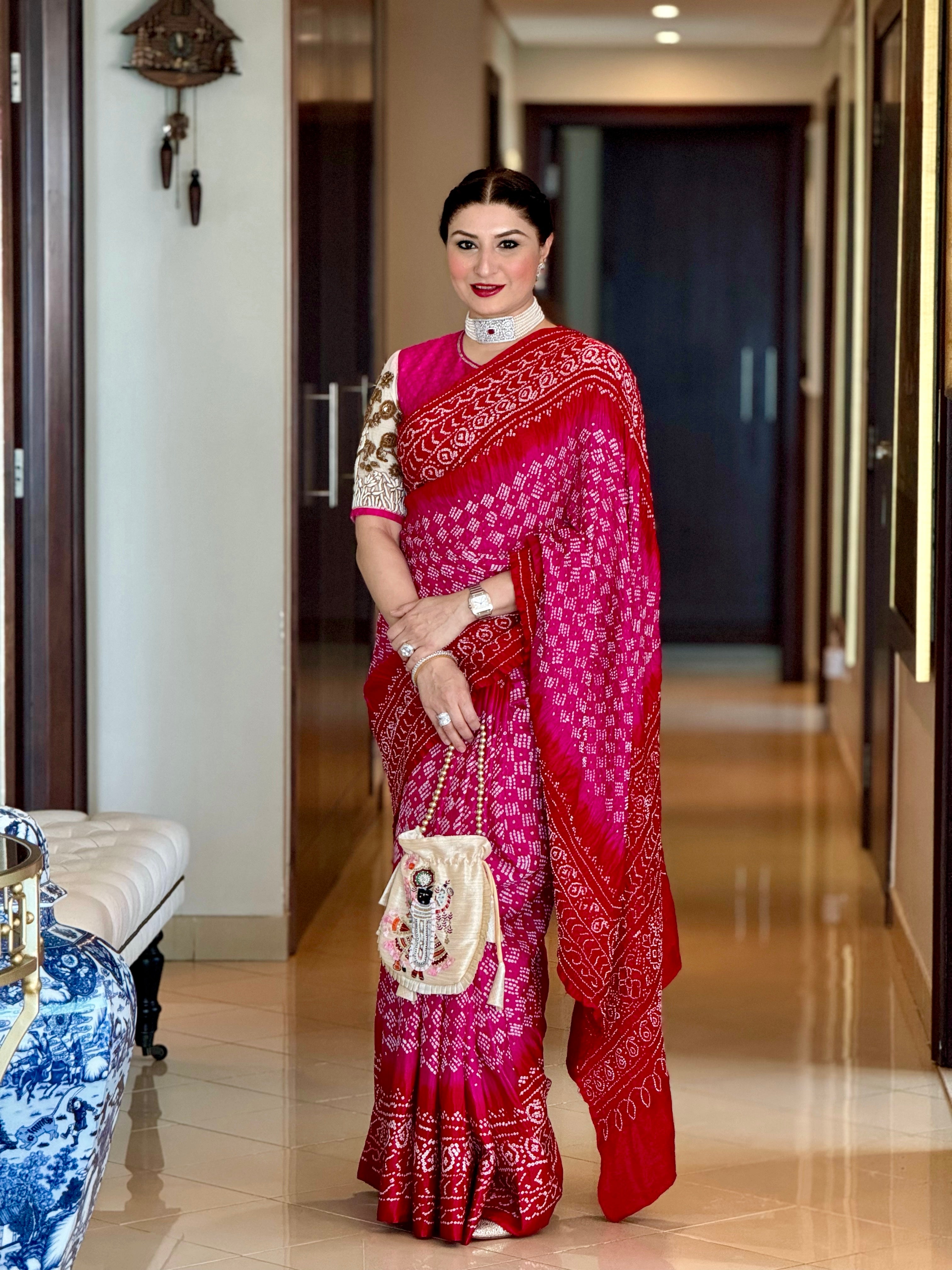 PINK-RED CLASSIC TRADITIONAL BANDHANI SILK SAREE