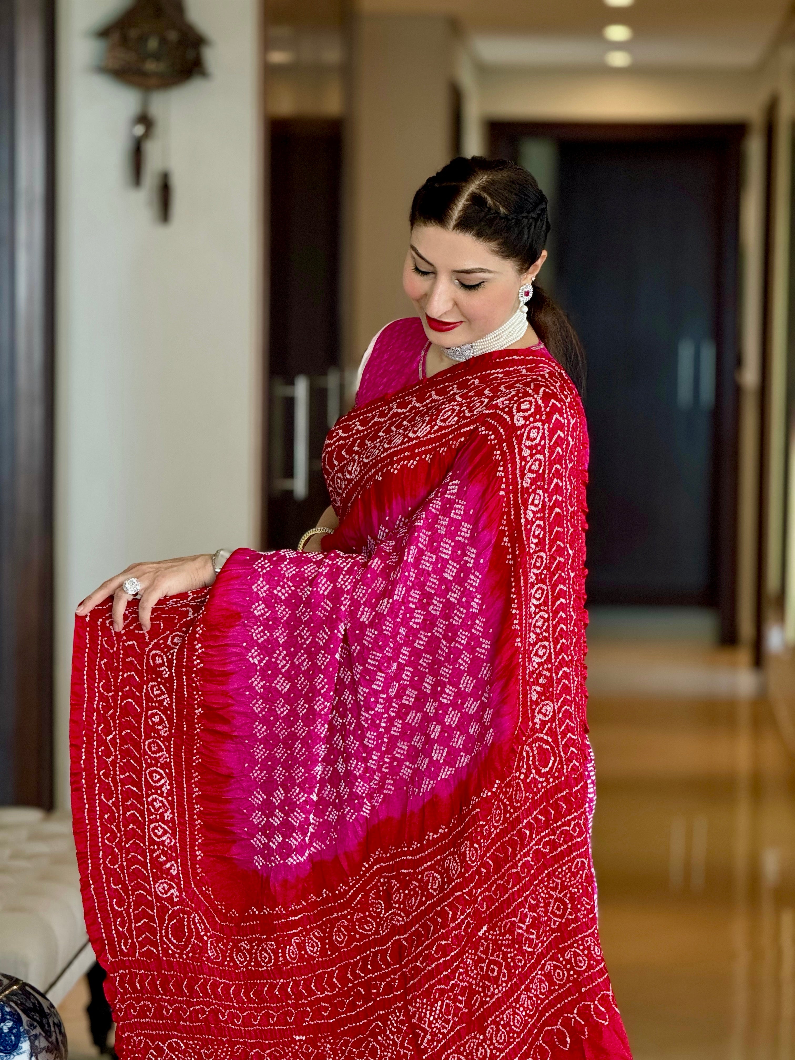 PINK-RED CLASSIC TRADITIONAL BANDHANI SILK SAREE