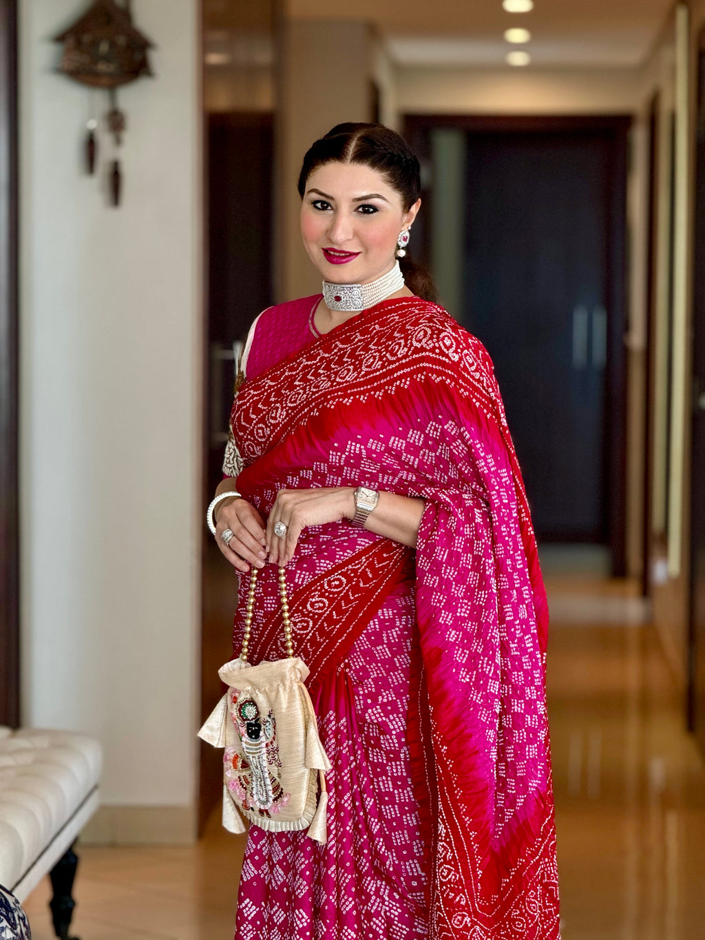 PINK-RED CLASSIC TRADITIONAL BANDHANI SILK SAREE