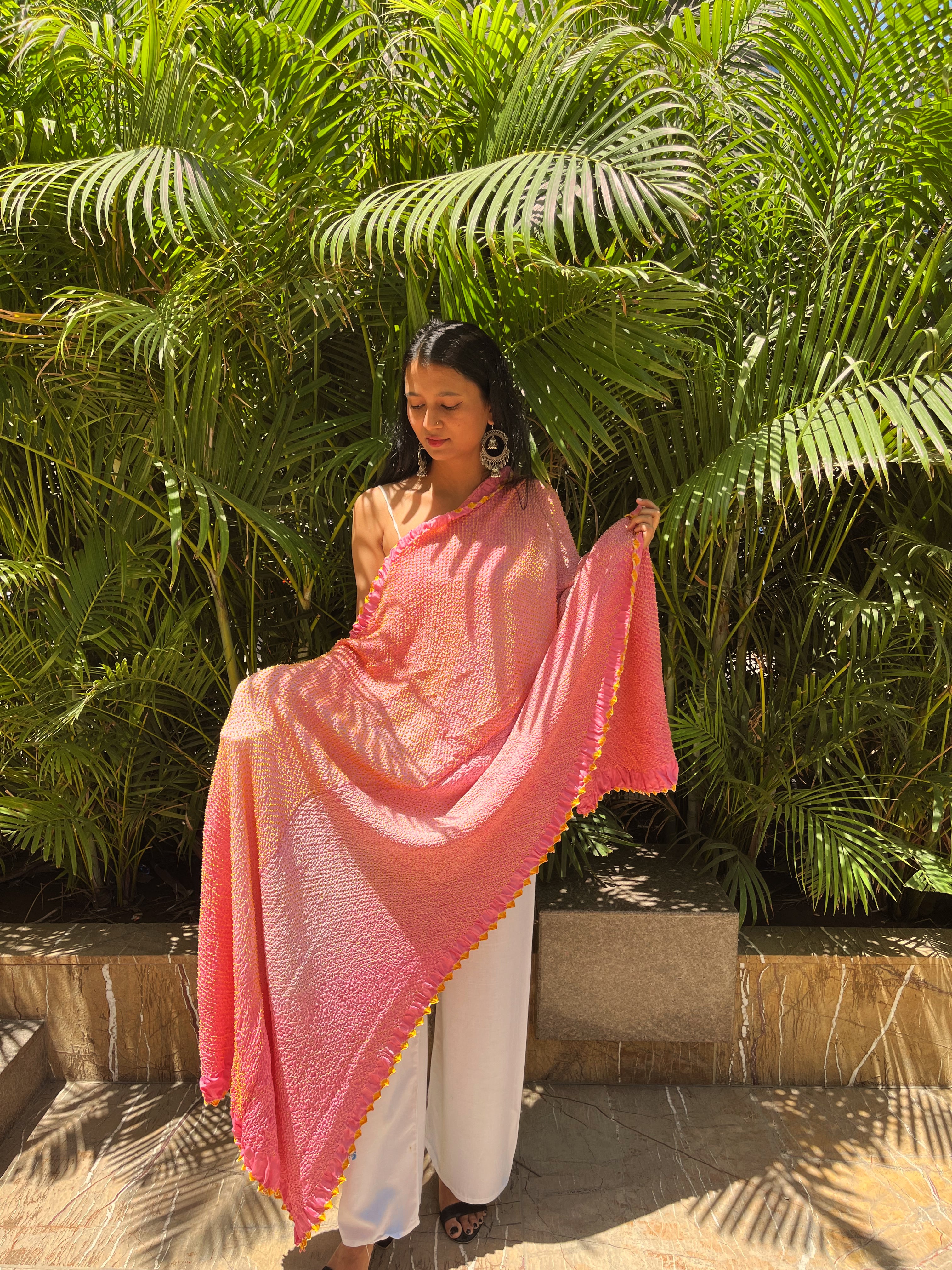 PEACH ETERNAL DOTS BANDHANI SILK DUPATTA