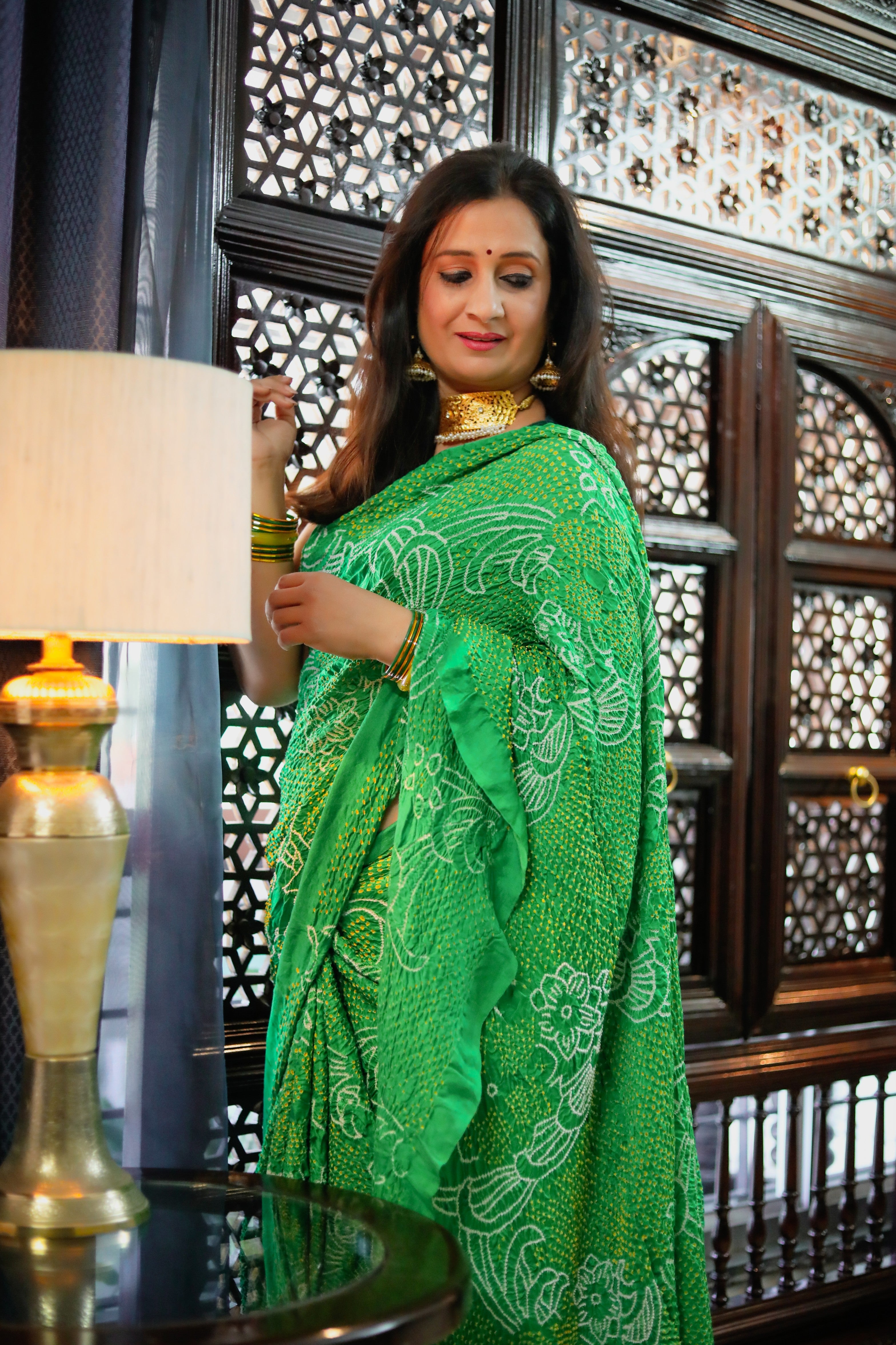 GREEN JAPANESE BANDHANI SILK SAREE
