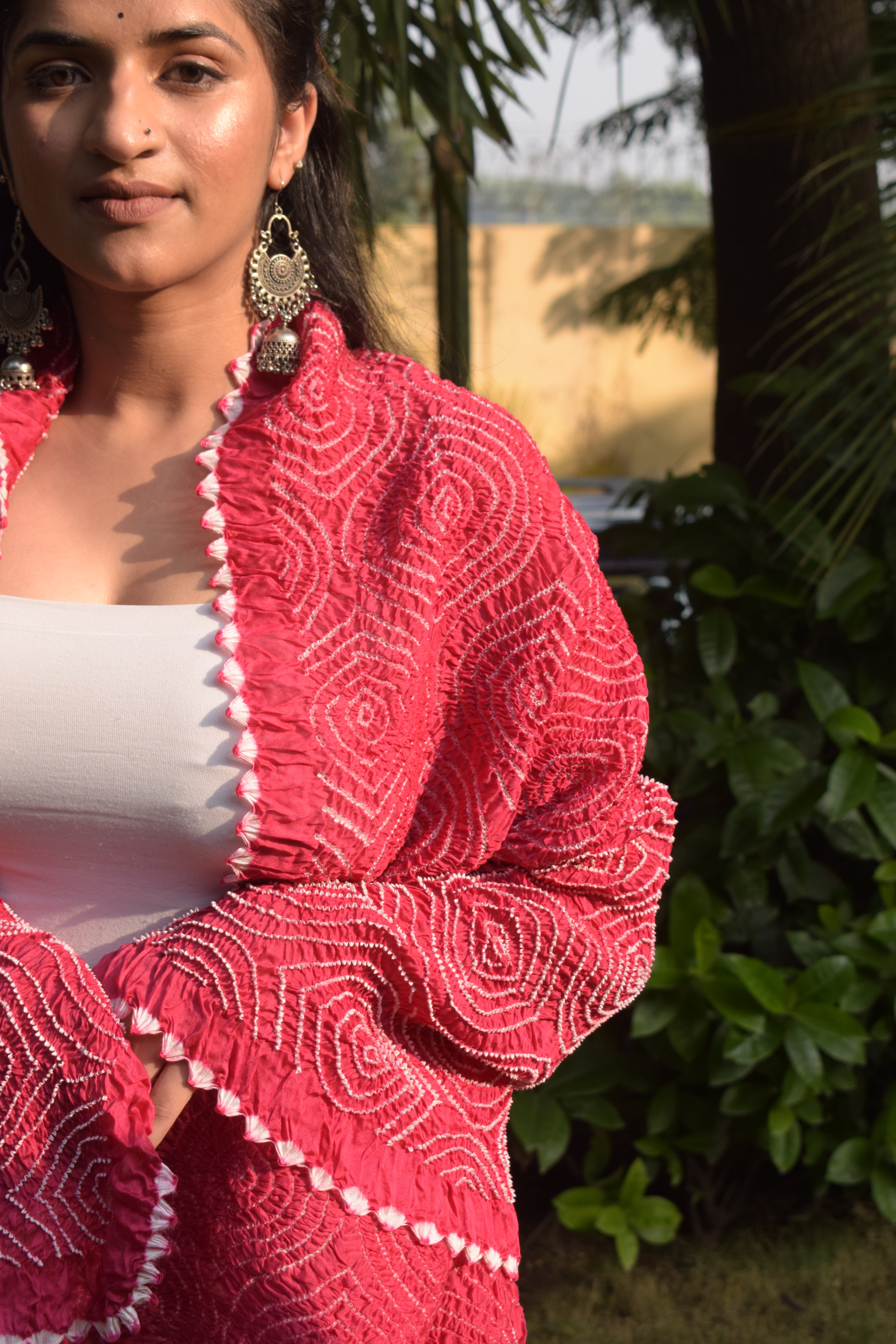 PINK MALAYSIAN IKAT CHANDERI BANDHANI SILK DUPATTA