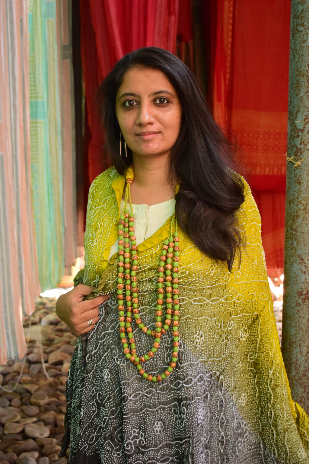 GREEN-GREY JAPANESE BANDHANI SILK DUPATTA