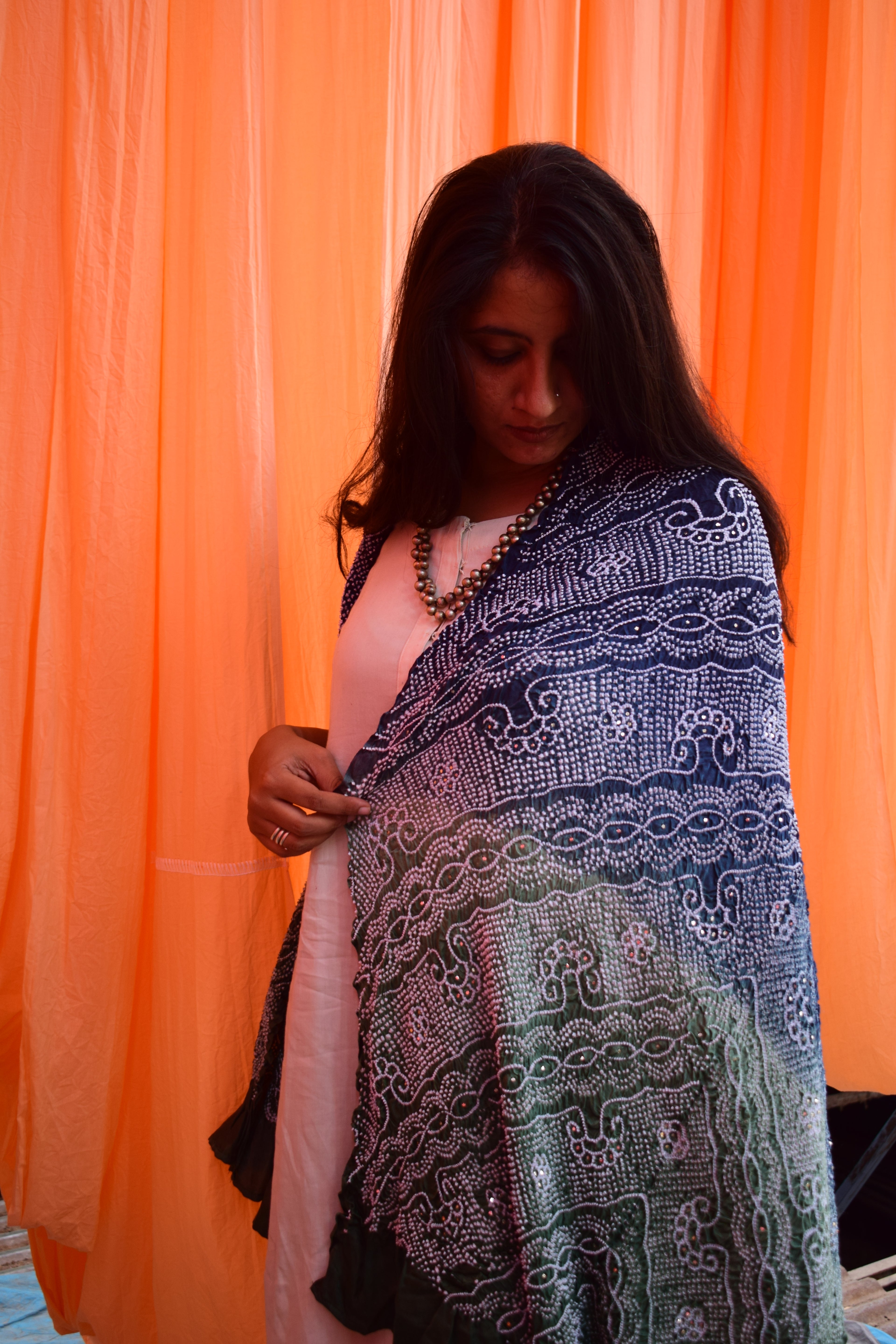 BLUE-GREEN CLASSIC TRADITIONAL BANDHANI SILK DUPATTA