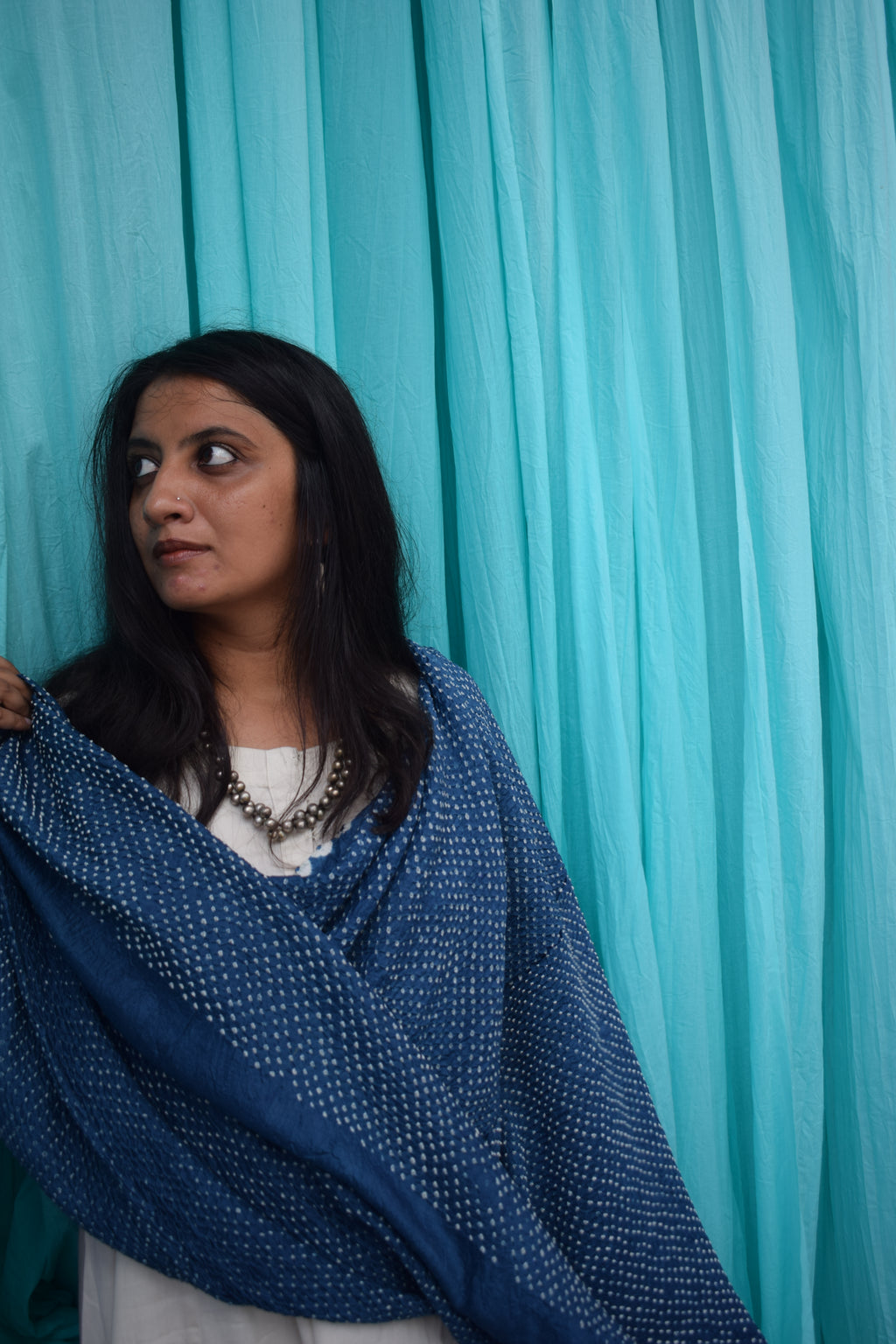 INDIGO BLUE ETERNAL DOTS BANDHANI SILK DUPATTA