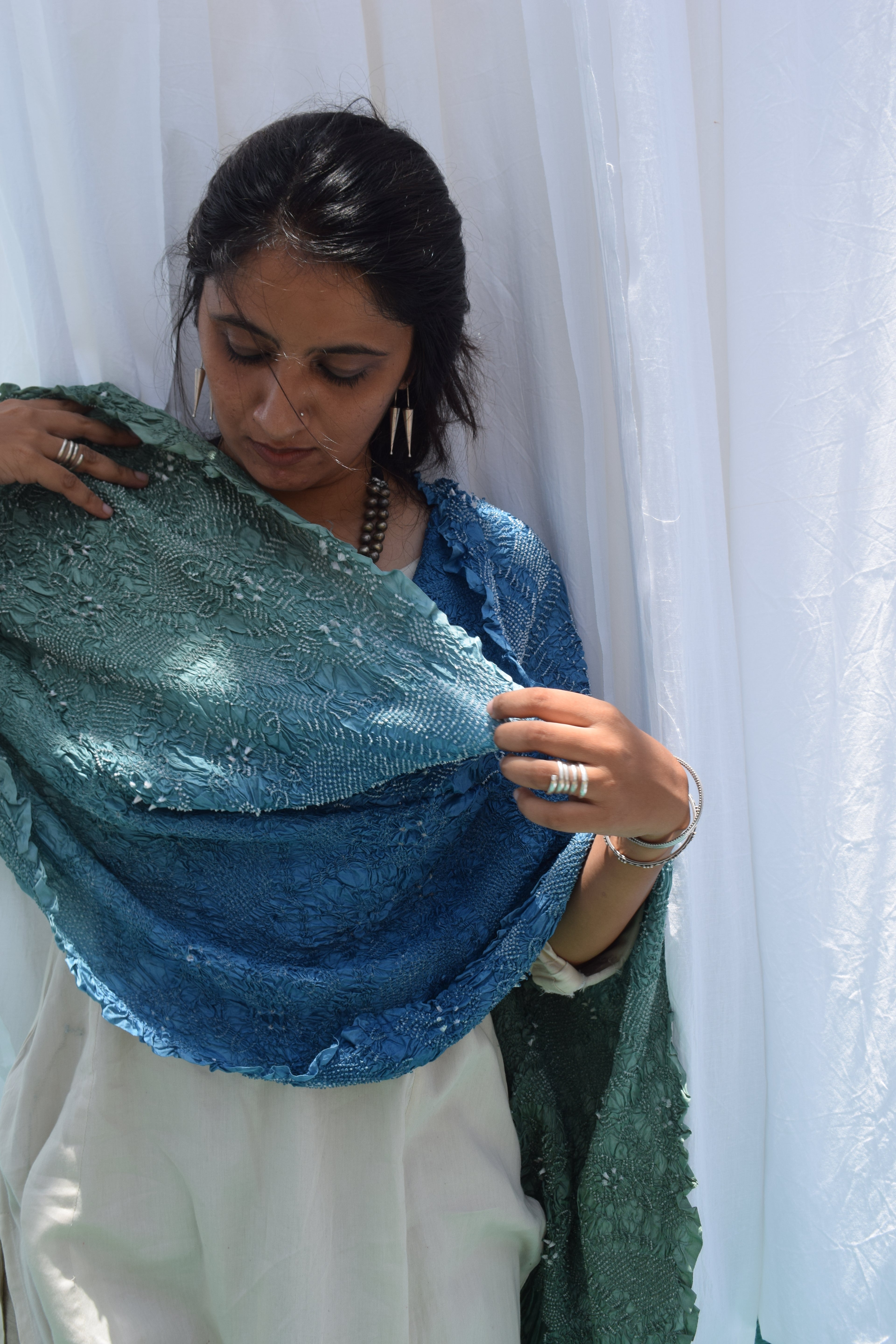 BLUE-GREEN JAPANESE BANDHANI SILK DUPATTA