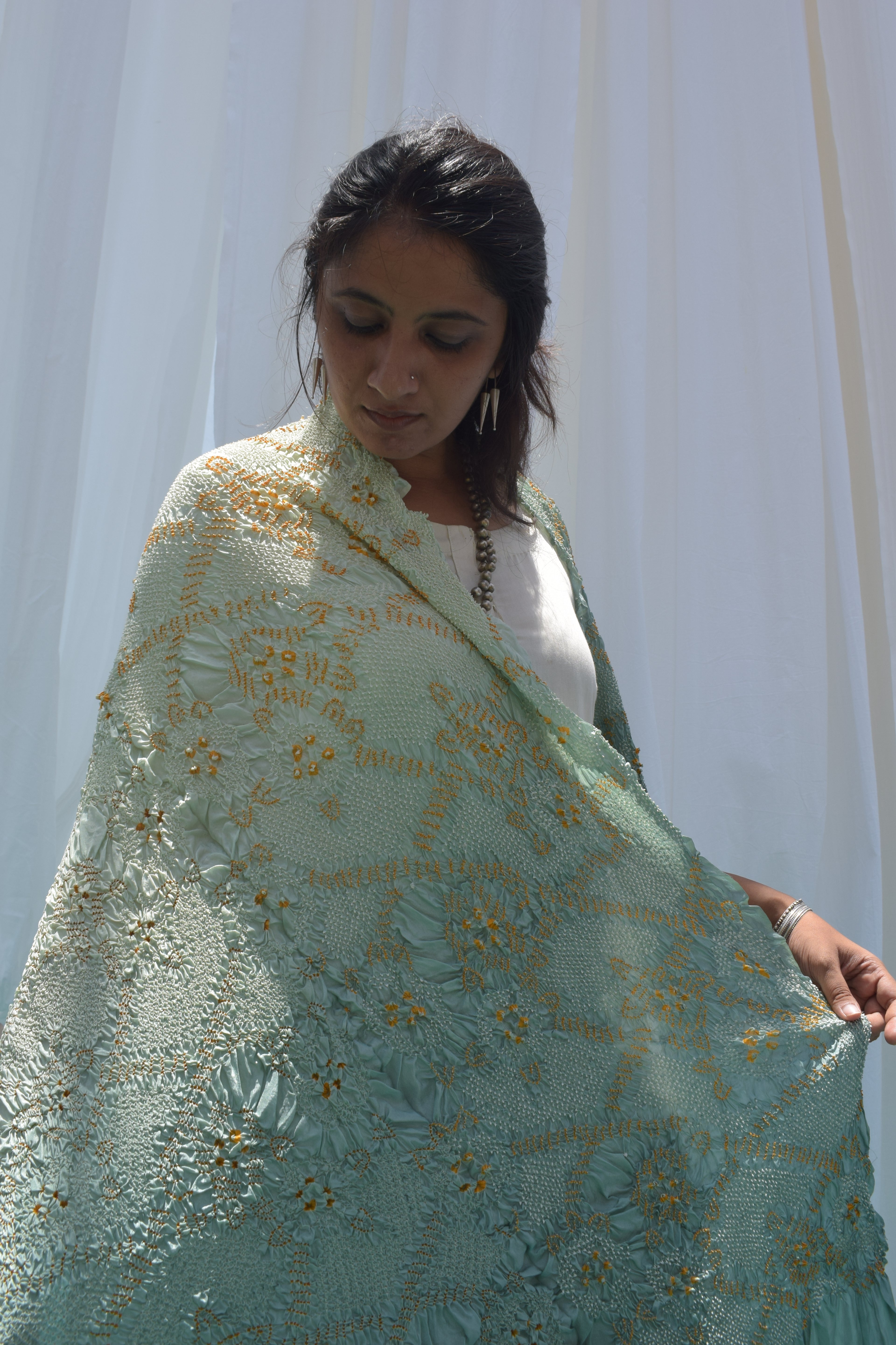 LIGHT GREEN JAPANESE BANDHANI SILK DUPATTA