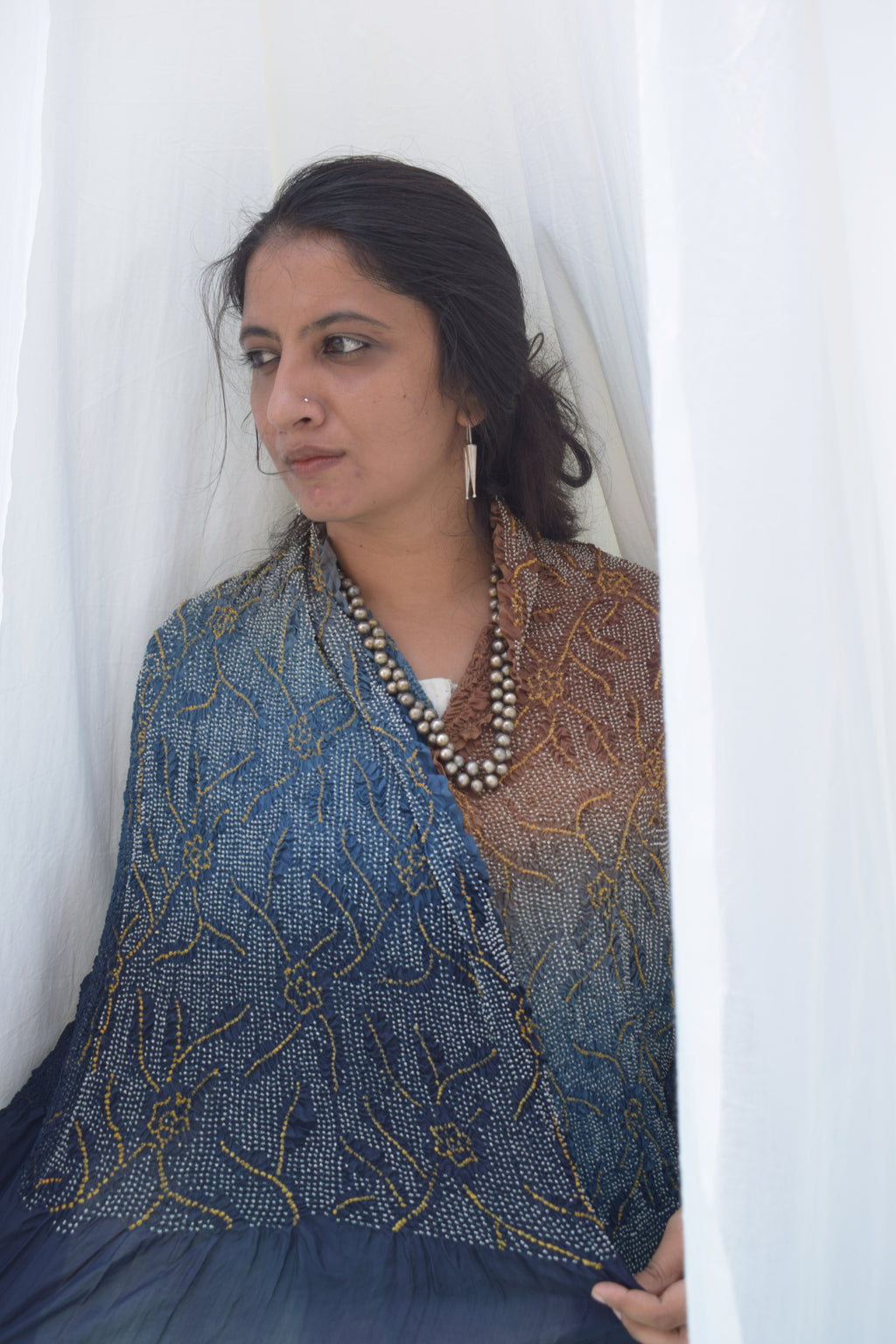 BLUE-BROWN JAPANESE BANDHANI SILK DUPATTA