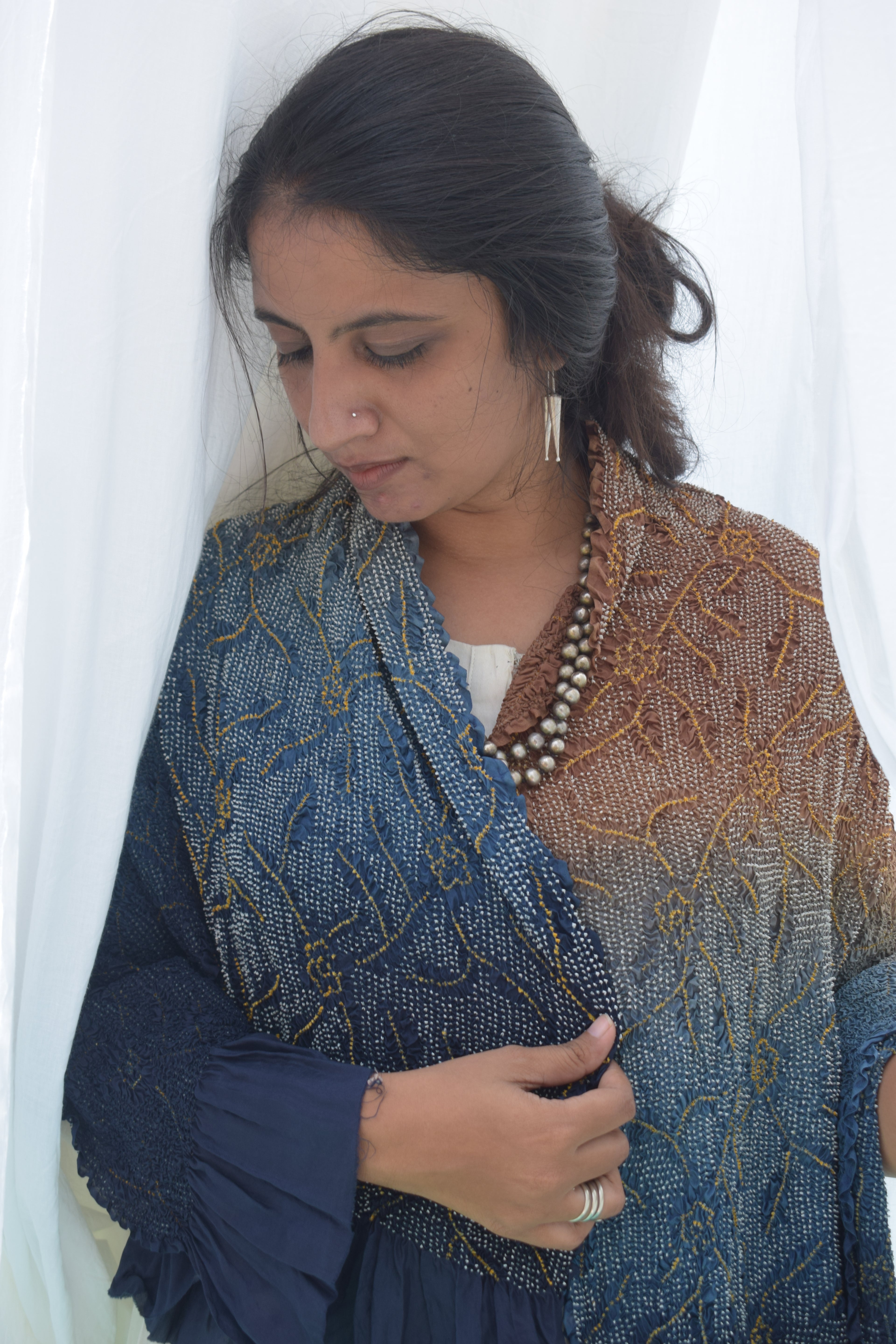 BLUE-BROWN JAPANESE BANDHANI SILK DUPATTA