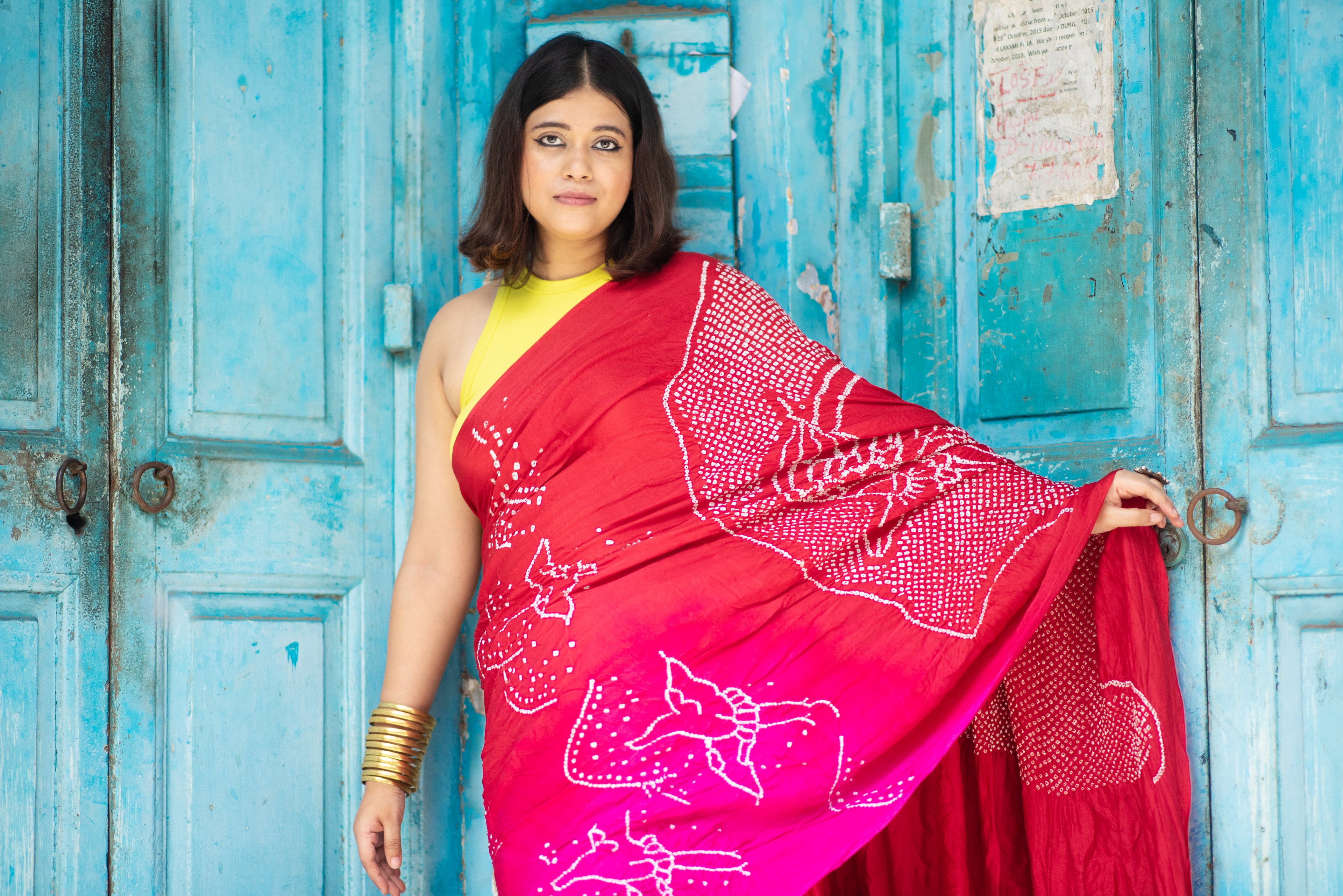 RED-PINK JAPANESE BANDHANI SILK SAREE