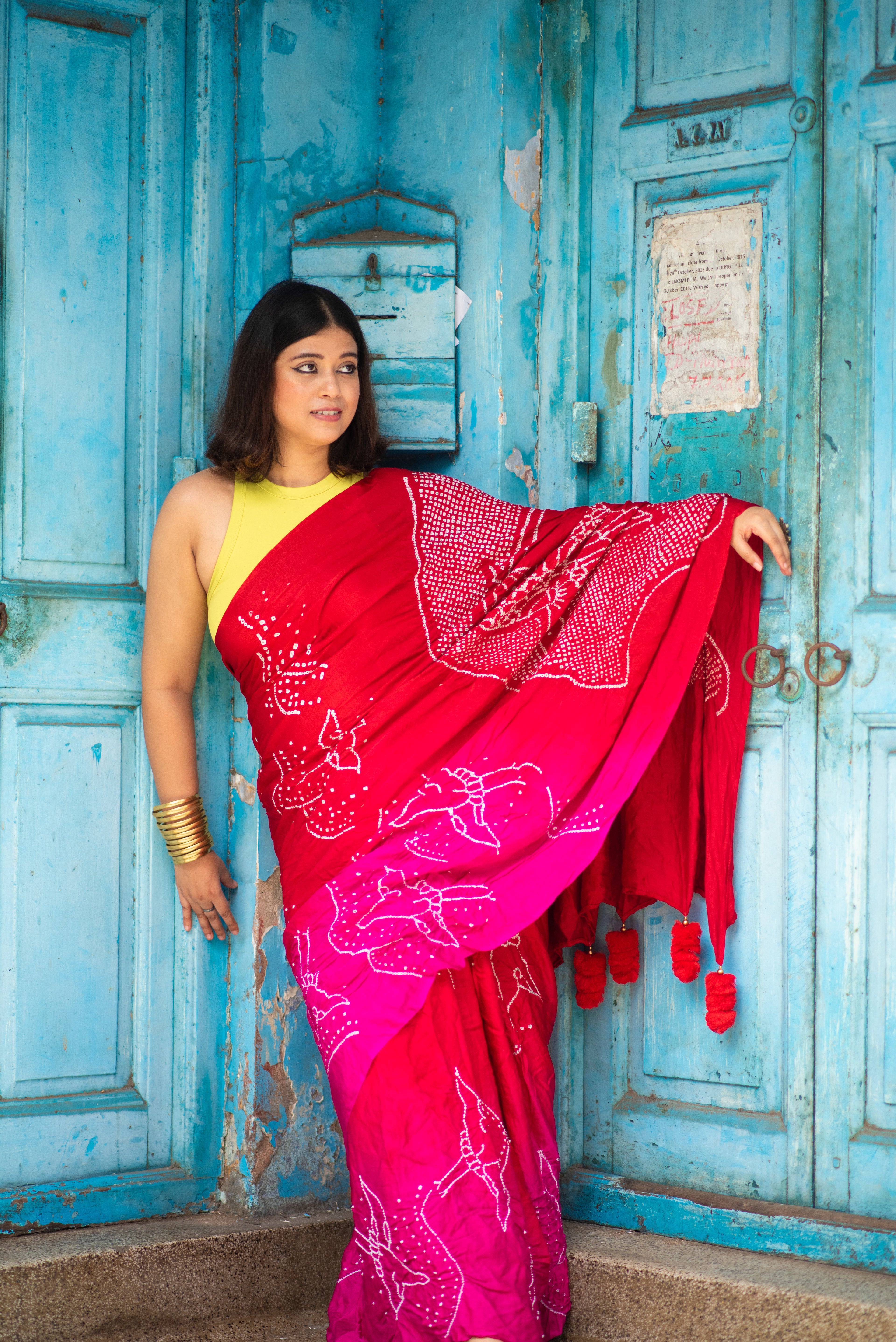 RED-PINK JAPANESE BANDHANI SILK SAREE