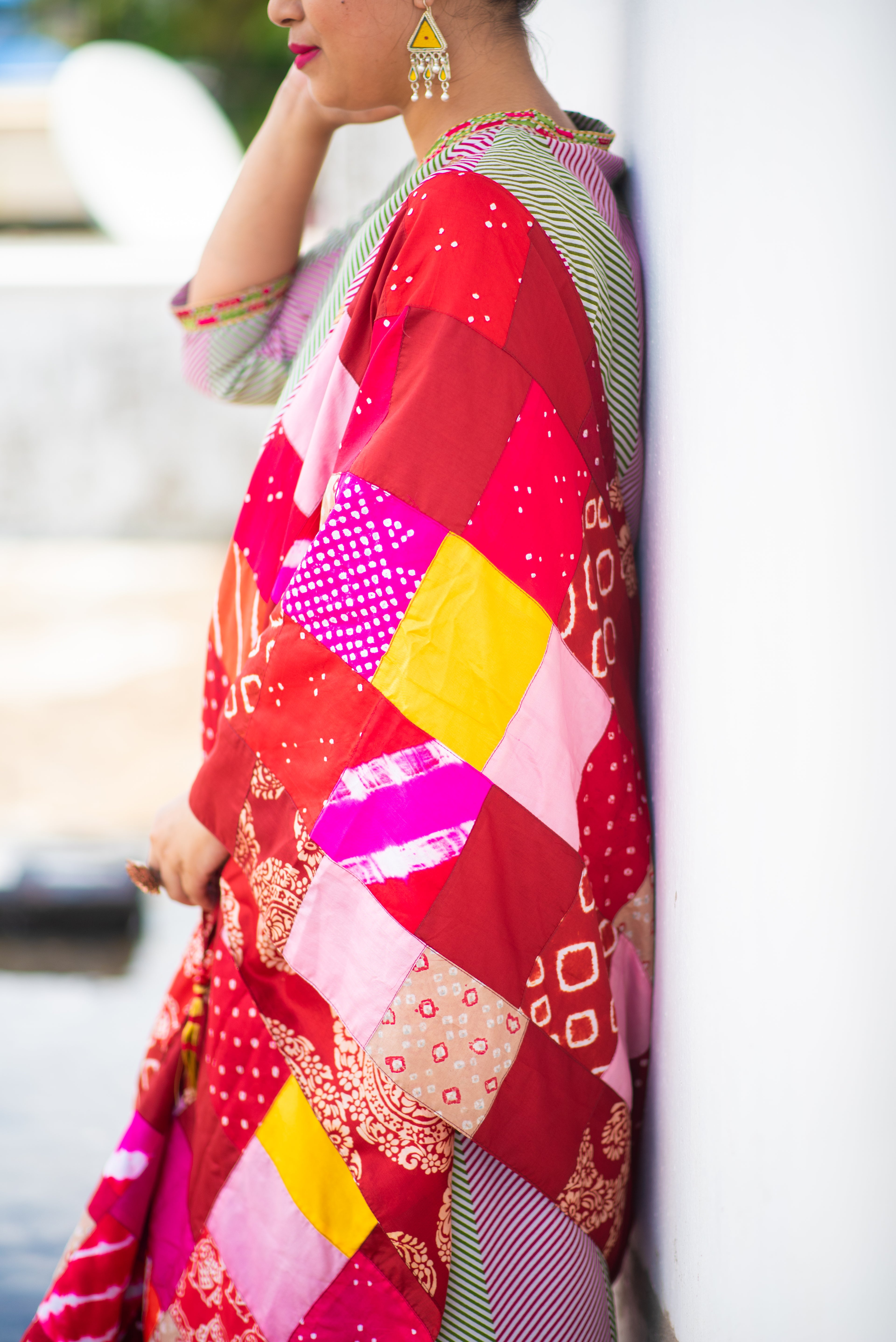 YELLOW-PINK BAARADOZI PATCHWORK REVERSIBLE SILK STOLE