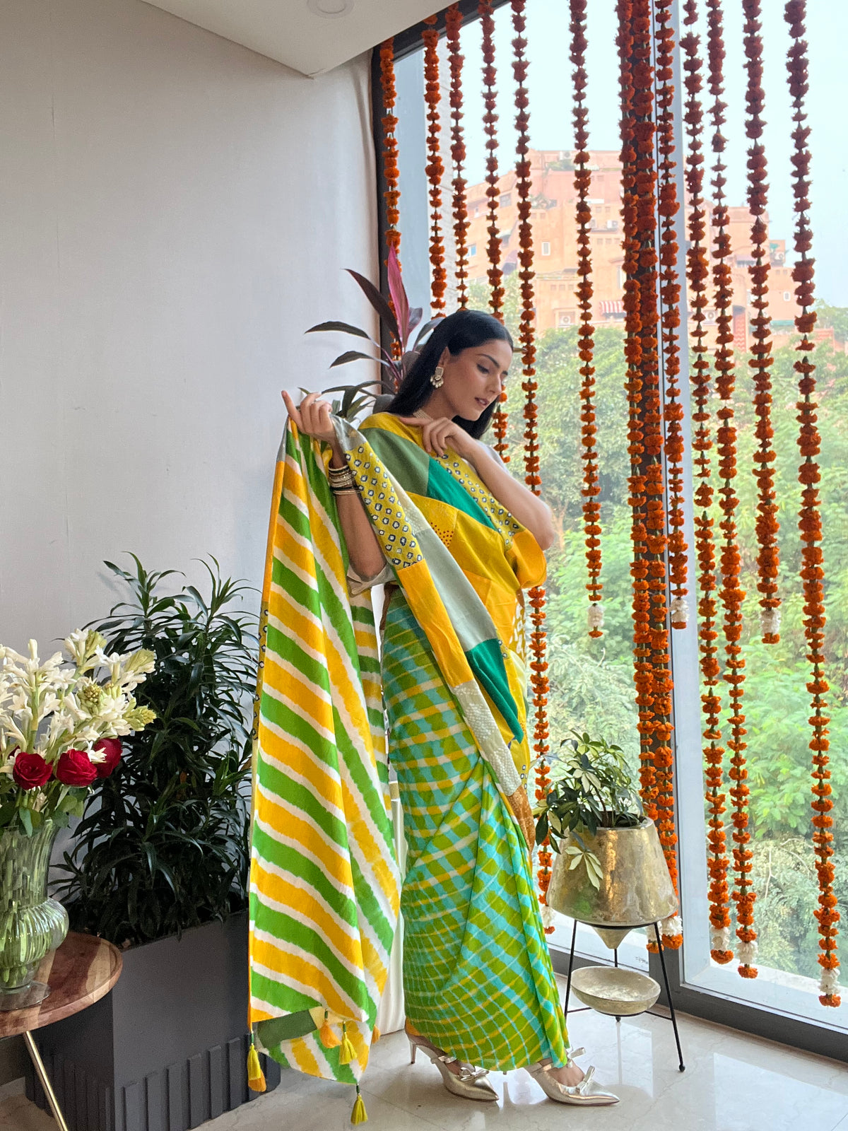 BAARADOZI PATCHWORK REVERSIBLE SILK SAREE YELLOW-GREEN