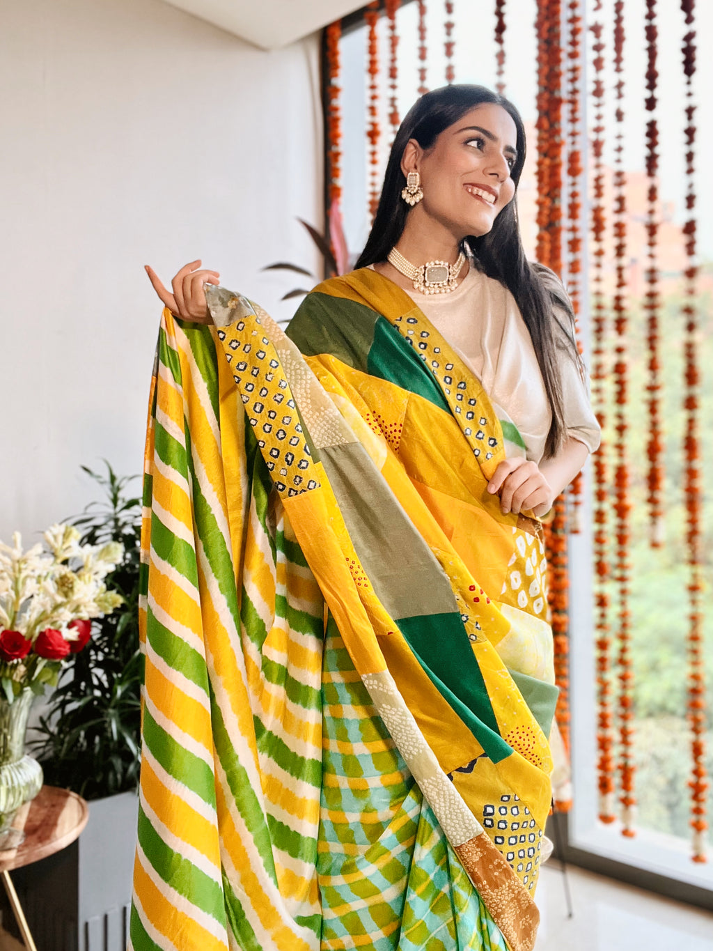 YELLOW-GREEN BAARADOZI PATCHWORK REVERSIBLE SILK SAREE