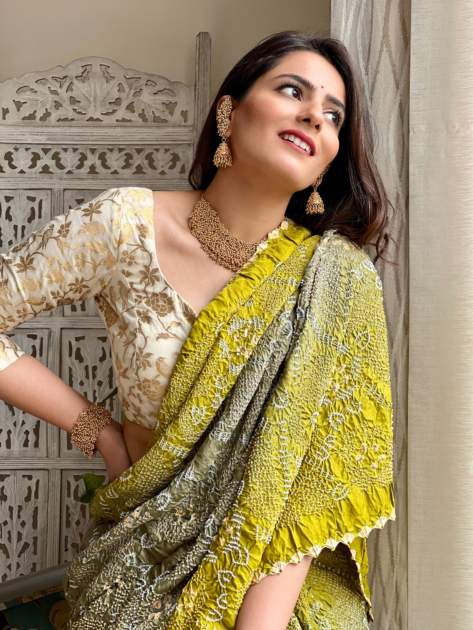 GREEN-GREY JAPANESE BANDHANI SILK SAREE
