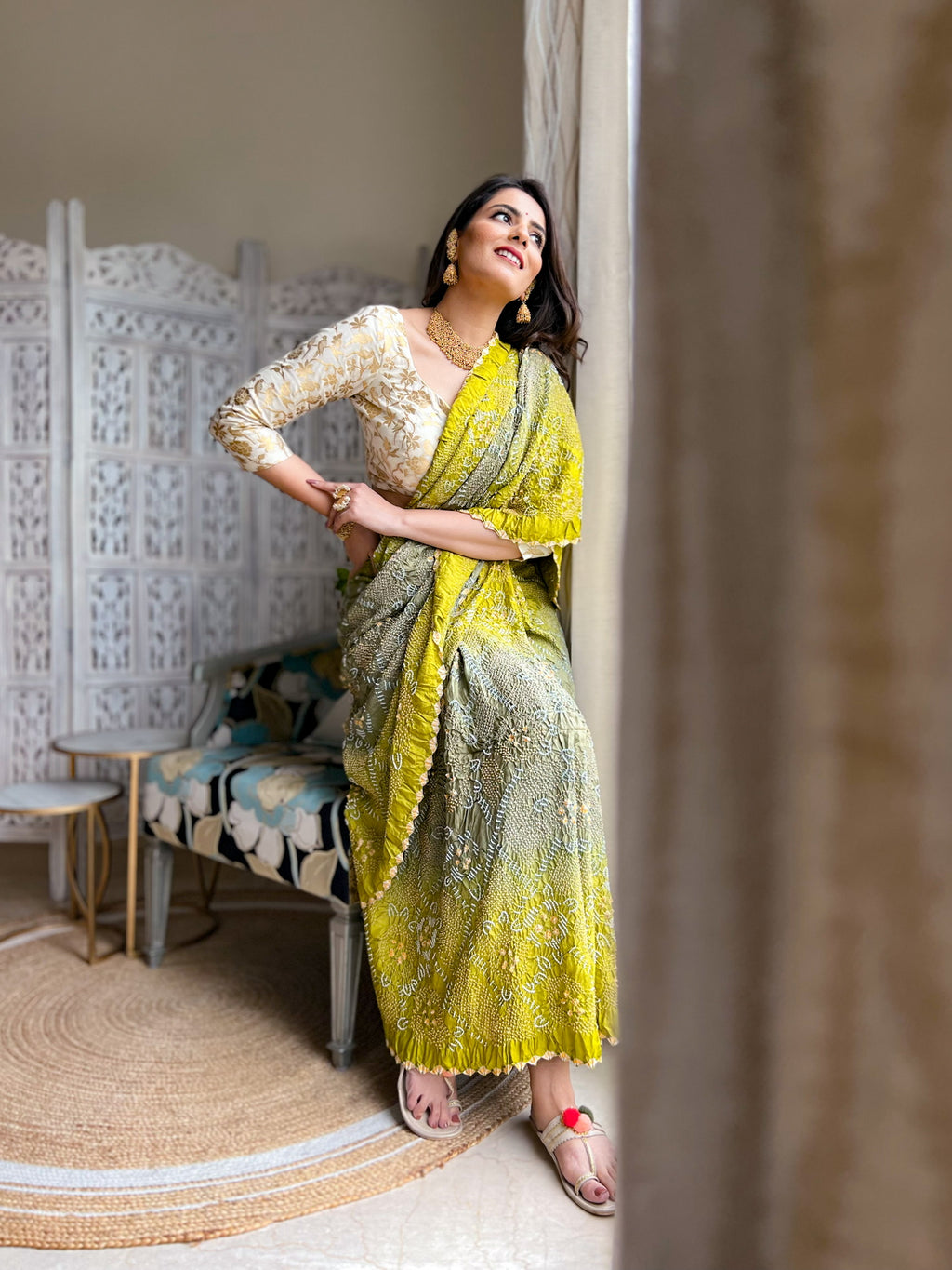 GREEN-GREY JAPANESE BANDHANI SILK SAREE