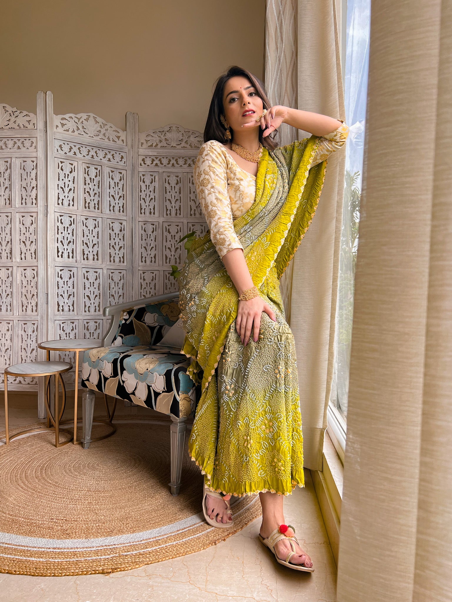 GREEN-GREY JAPANESE BANDHANI SILK SAREE