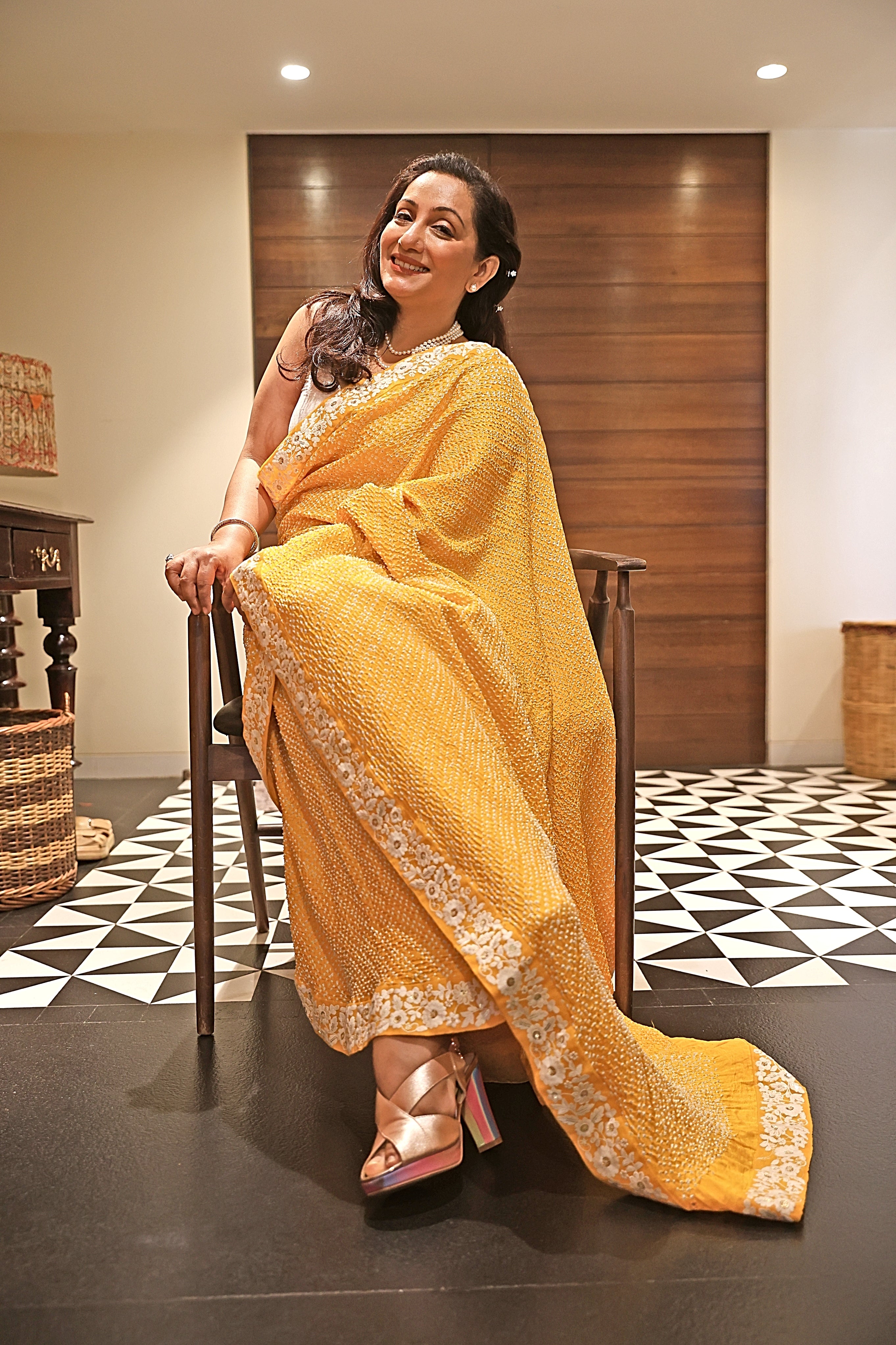 YELLOW ETERNAL DOTS BANDHANI SILK SAREE WITH LACE BORDER
